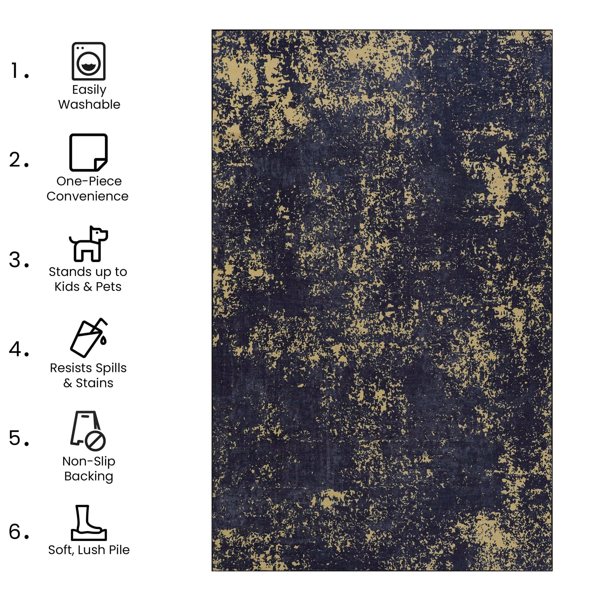 Layla 2'6'' x 10' Black/Gold Machine Washable Low-Pile, Non-Slip, Non-Shedding, Foldable, Kid & Pet Friendly Area Rug - MidinMod