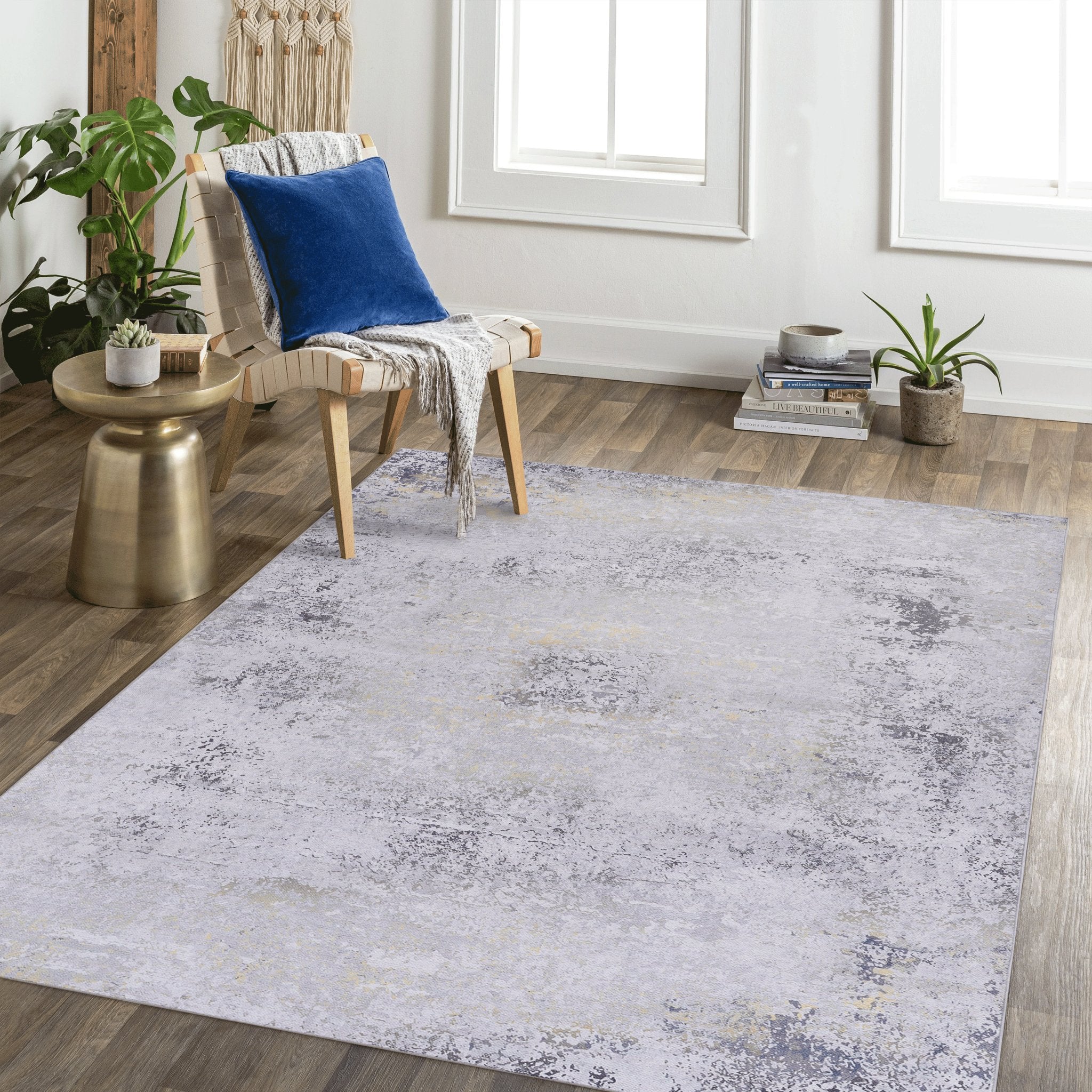 Layla 8' x 10' Gray/Gold Machine Washable Low-Pile, Non-Slip, Non-Shedding, Foldable, Kid & Pet Friendly Area Rug - MidinMod