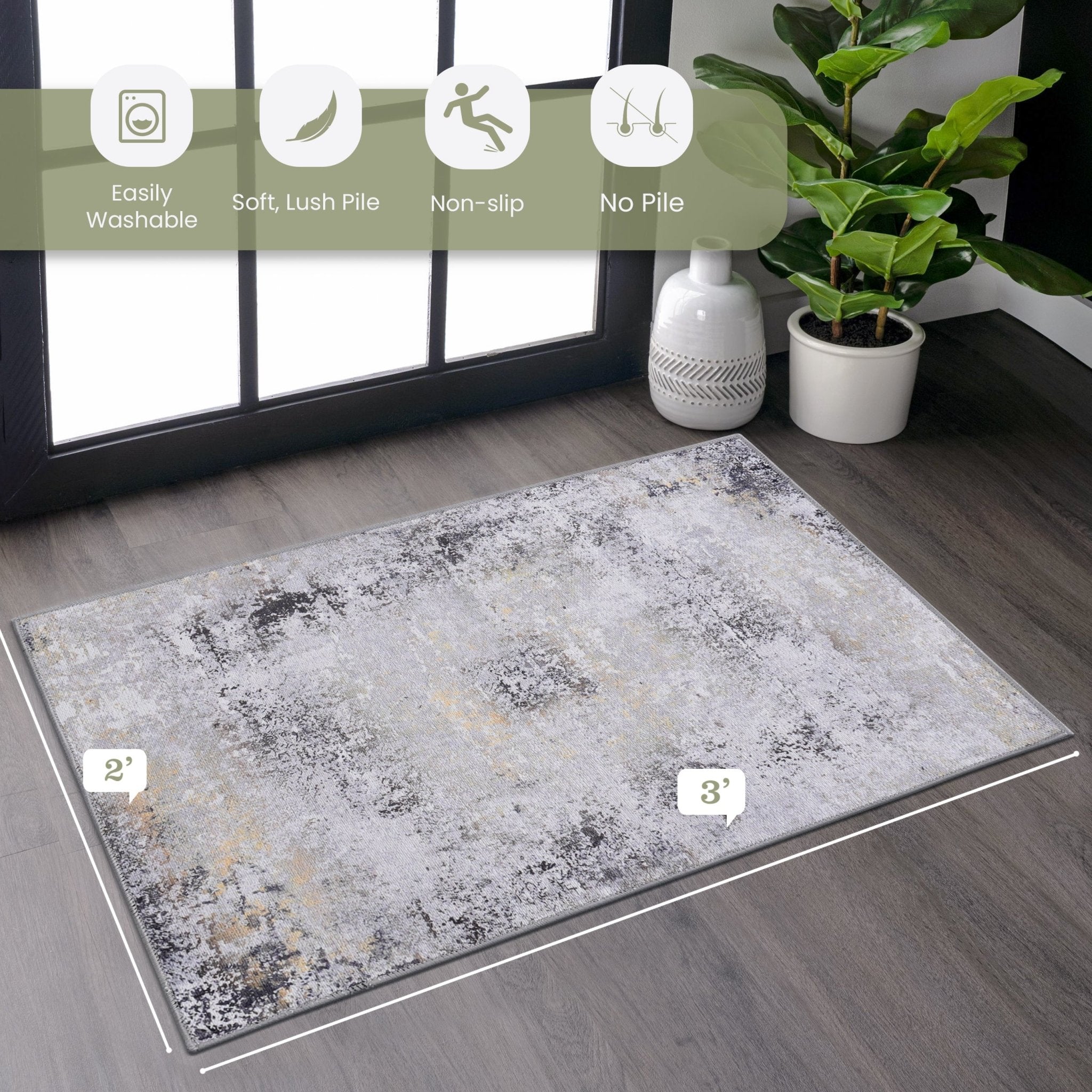 Layla 2' x 3' Gray/Gold Machine Washable Low-Pile, Non-Slip, Non-Shedding, Foldable, Kid & Pet Friendly Area Rug - MidinMod