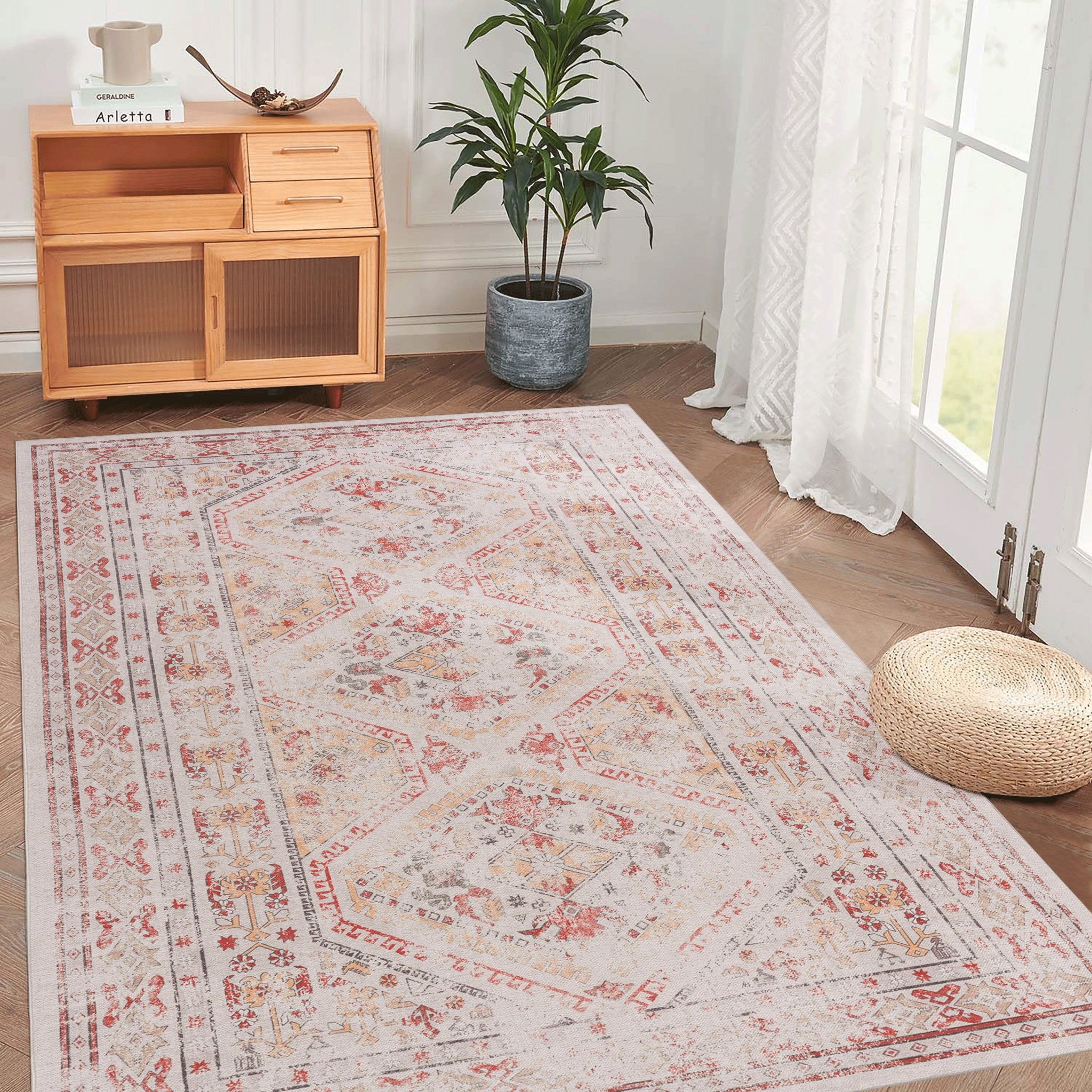 Kaden 8' x 10' Beige/ Machine Washable Low-Pile, Non-Slip, Non-Shedding, Foldable, Kid & Pet Friendly Area Rug - MidinMod