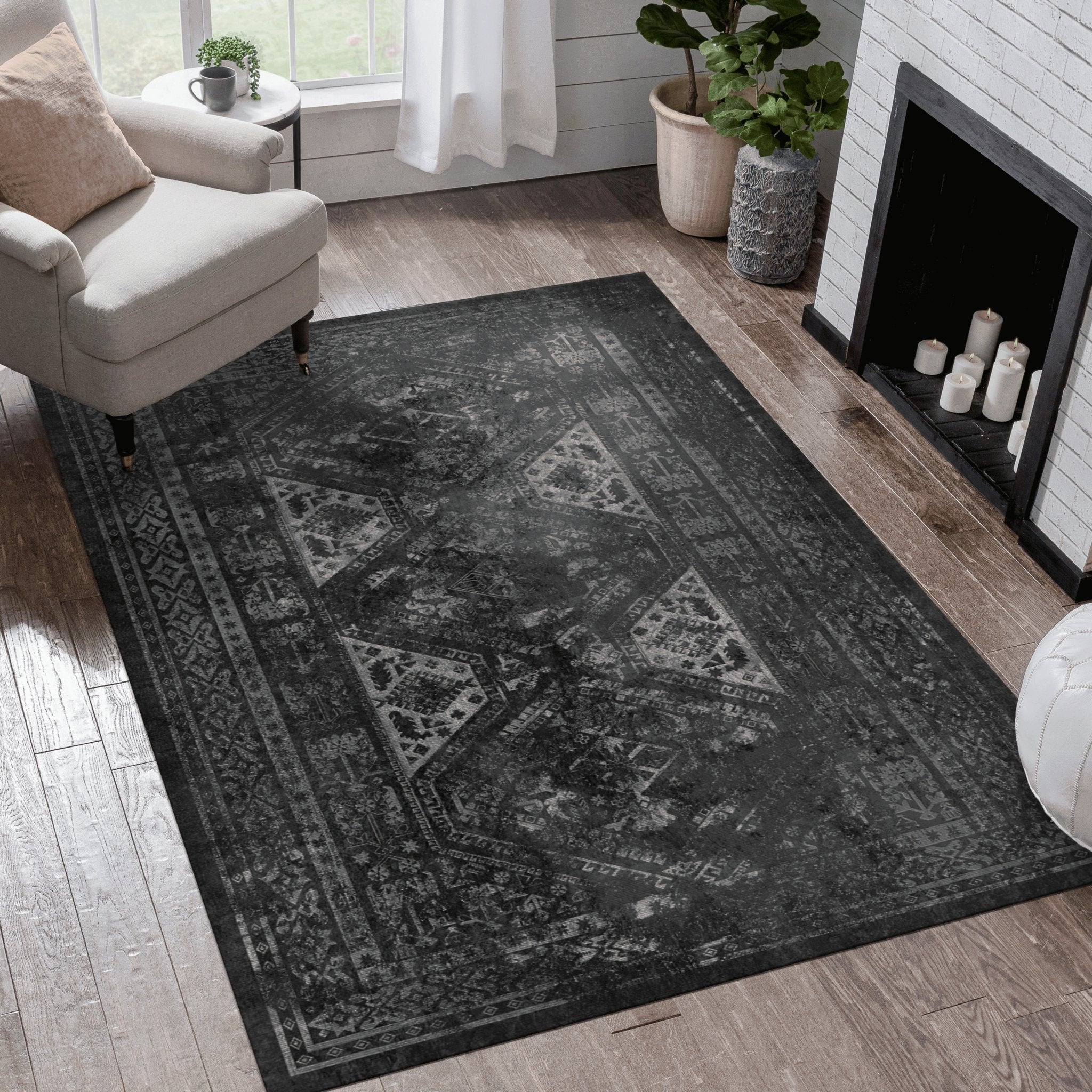 Kaden 8' x 10' Black/Gray Machine Washable Low-Pile, Non-Slip, Non-Shedding, Foldable, Kid & Pet Friendly Area Rug - MidinMod