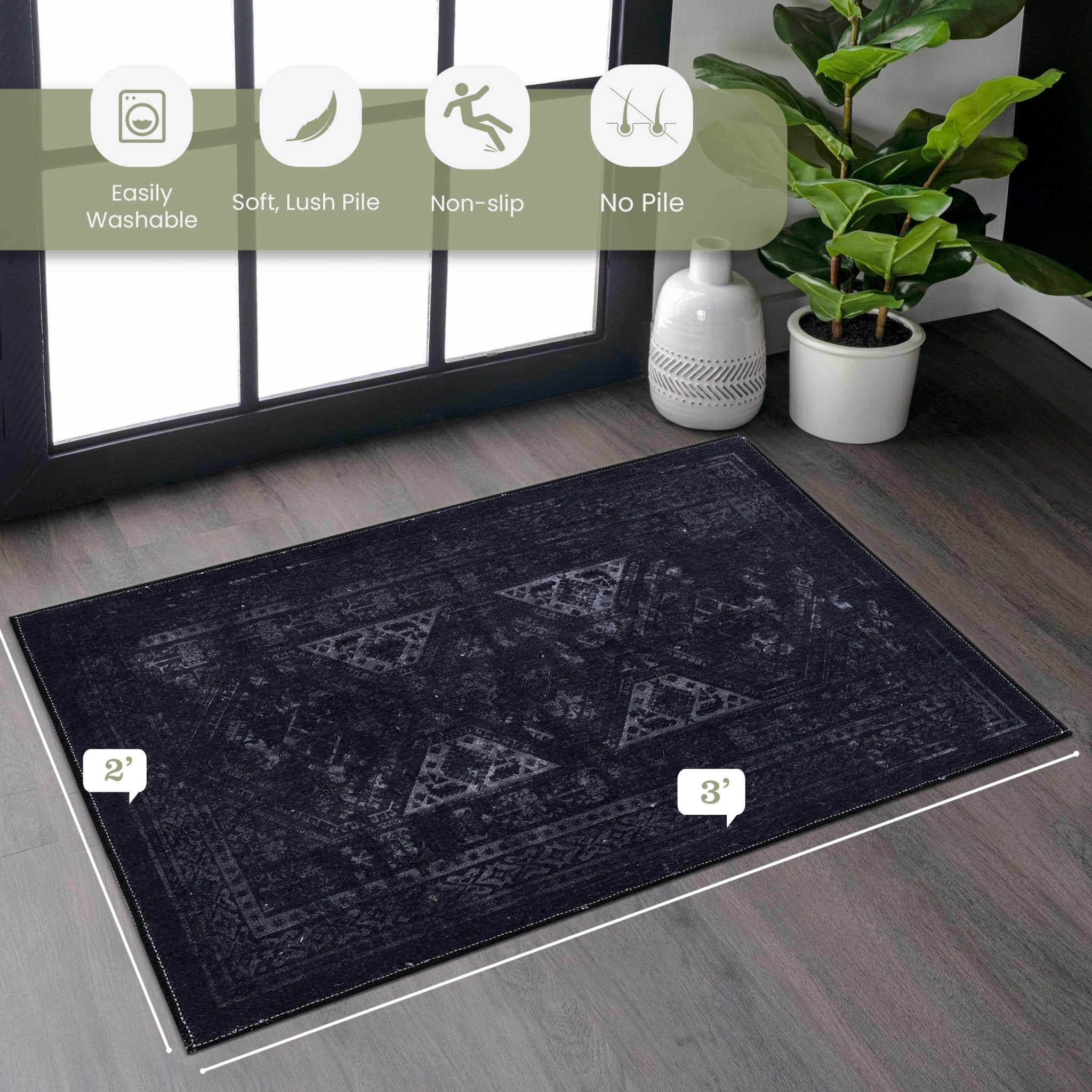 Kaden 3' x 5' Black/Gray Machine Washable Low-Pile, Non-Slip, Non-Shedding, Foldable, Kid & Pet Friendly Area Rug - MidinMod