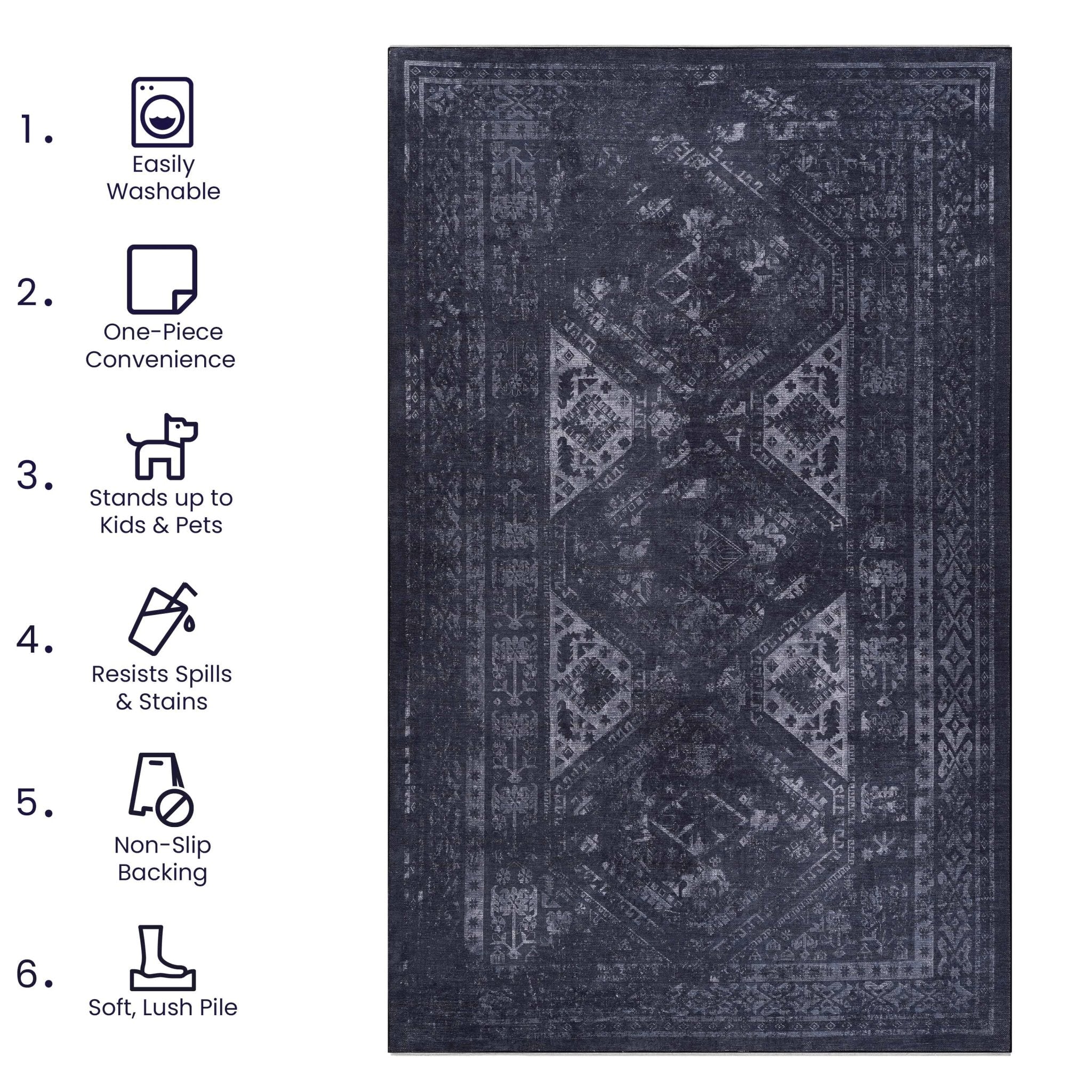 Kaden 2'6'' x 10' Black/Gray Machine Washable Low-Pile, Non-Slip, Non-Shedding, Foldable, Kid & Pet Friendly Area Rug - MidinMod