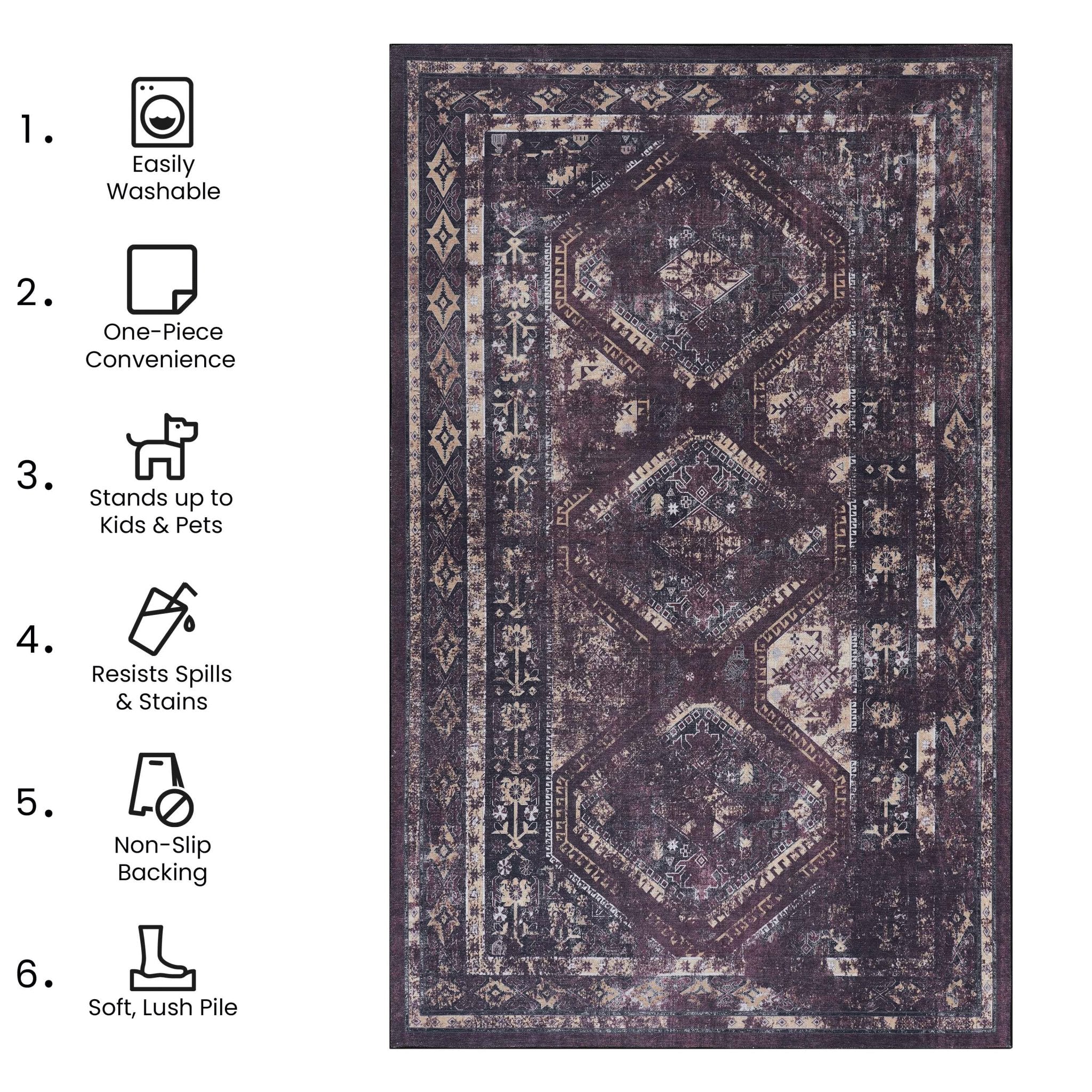 Kaden 2' x 3' Burgundy/Black Machine Washable Low-Pile, Non-Slip, Non-Shedding, Foldable, Kid & Pet Friendly Area Rug - MidinMod