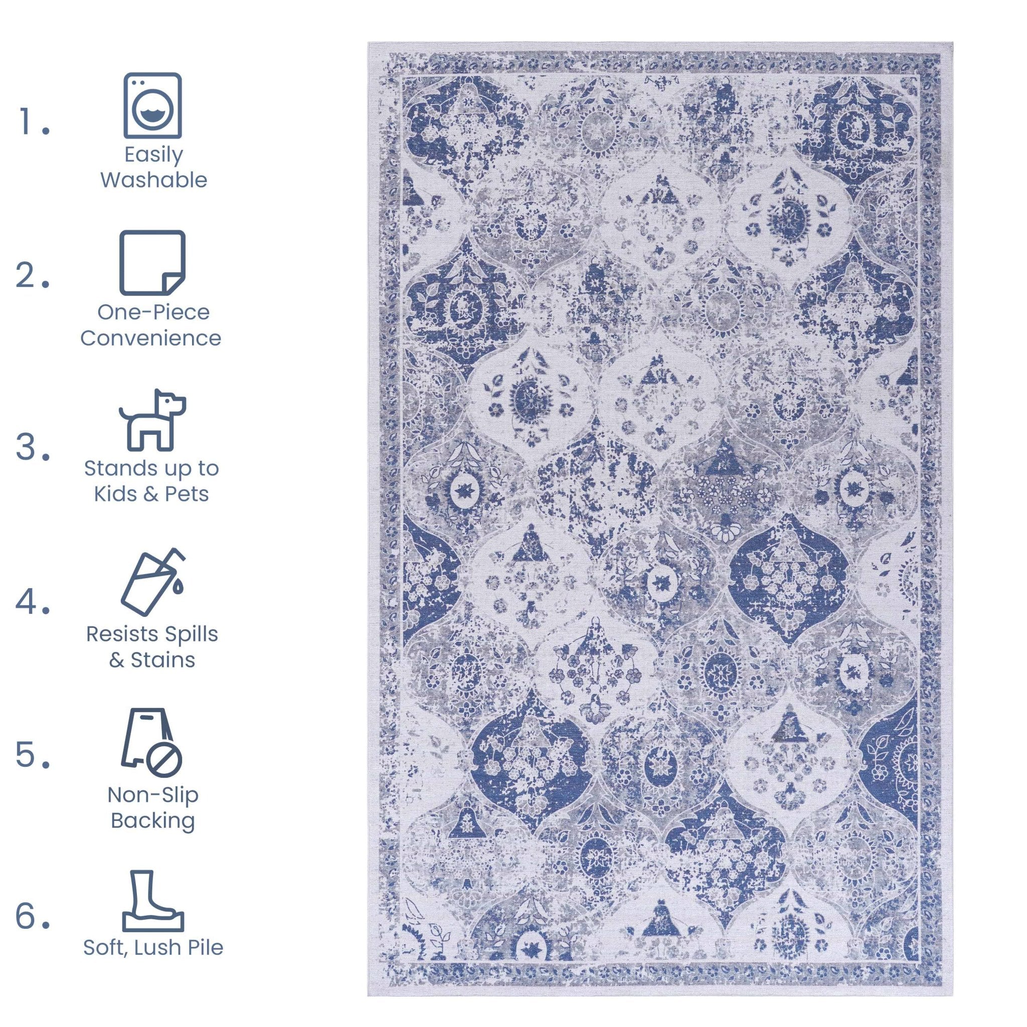 Rigo 9' x 12' Blue/ Machine Washable Low-Pile, Non-Slip, Non-Shedding, Foldable, Kid & Pet Friendly Area Rug - MidinMod