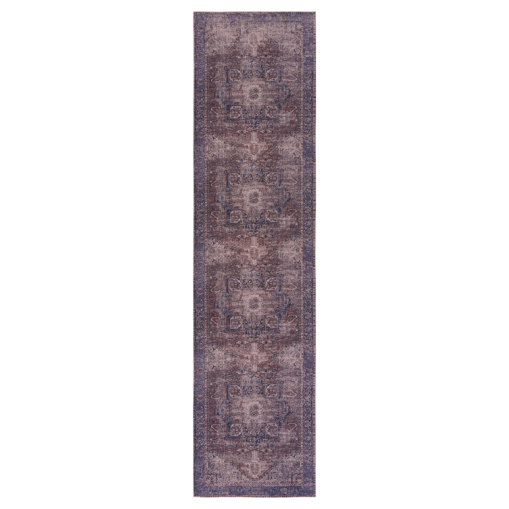 Elko 2'6'' x 10' Burgundy/Blue Machine Washable Low-Pile, Non-Slip, Non-Shedding, Foldable, Kid & Pet Friendly Area Rug - MidinMod