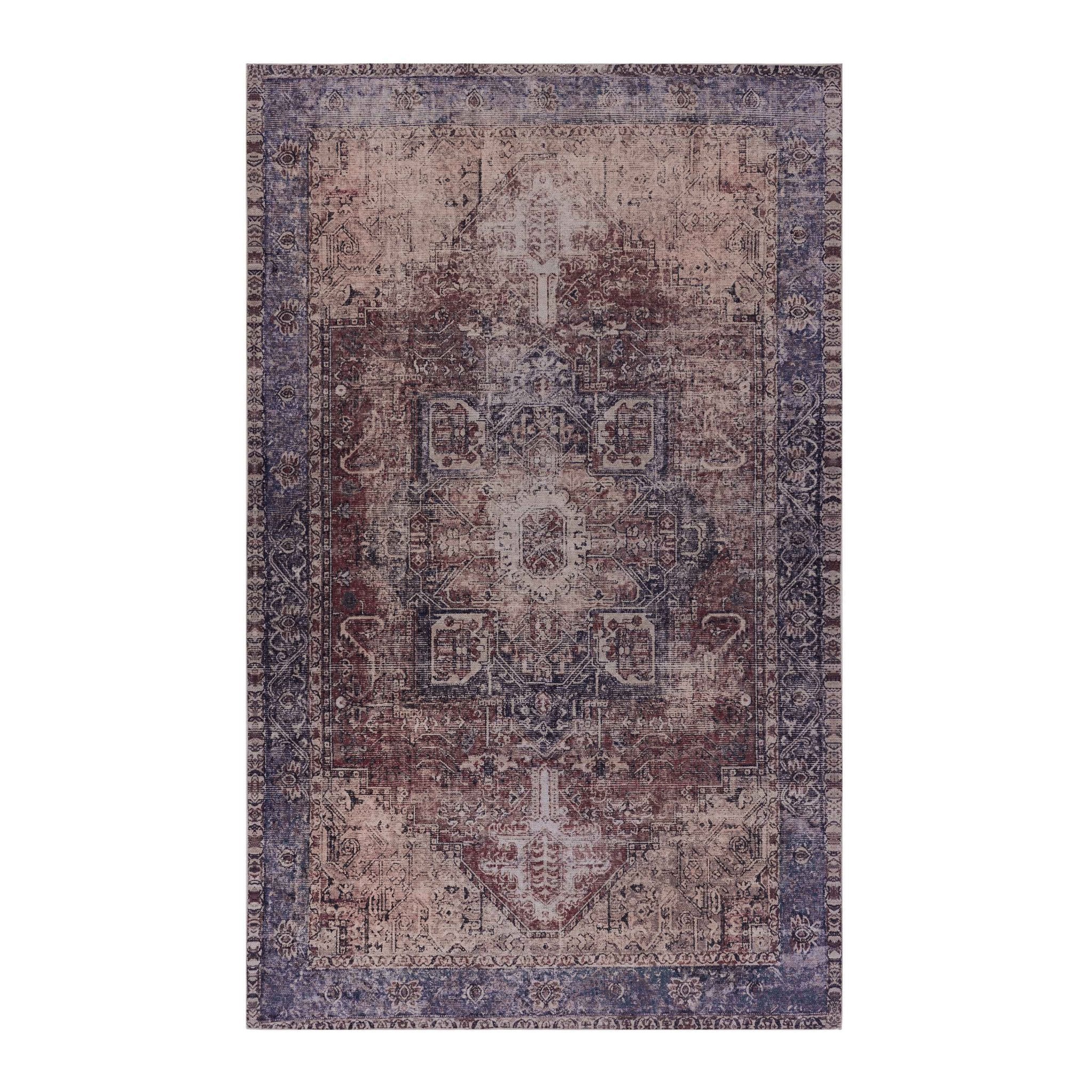 Elko 2' x 3' Burgundy/Blue Machine Washable Low-Pile, Non-Slip, Non-Shedding, Foldable, Kid & Pet Friendly Area Rug - MidinMod