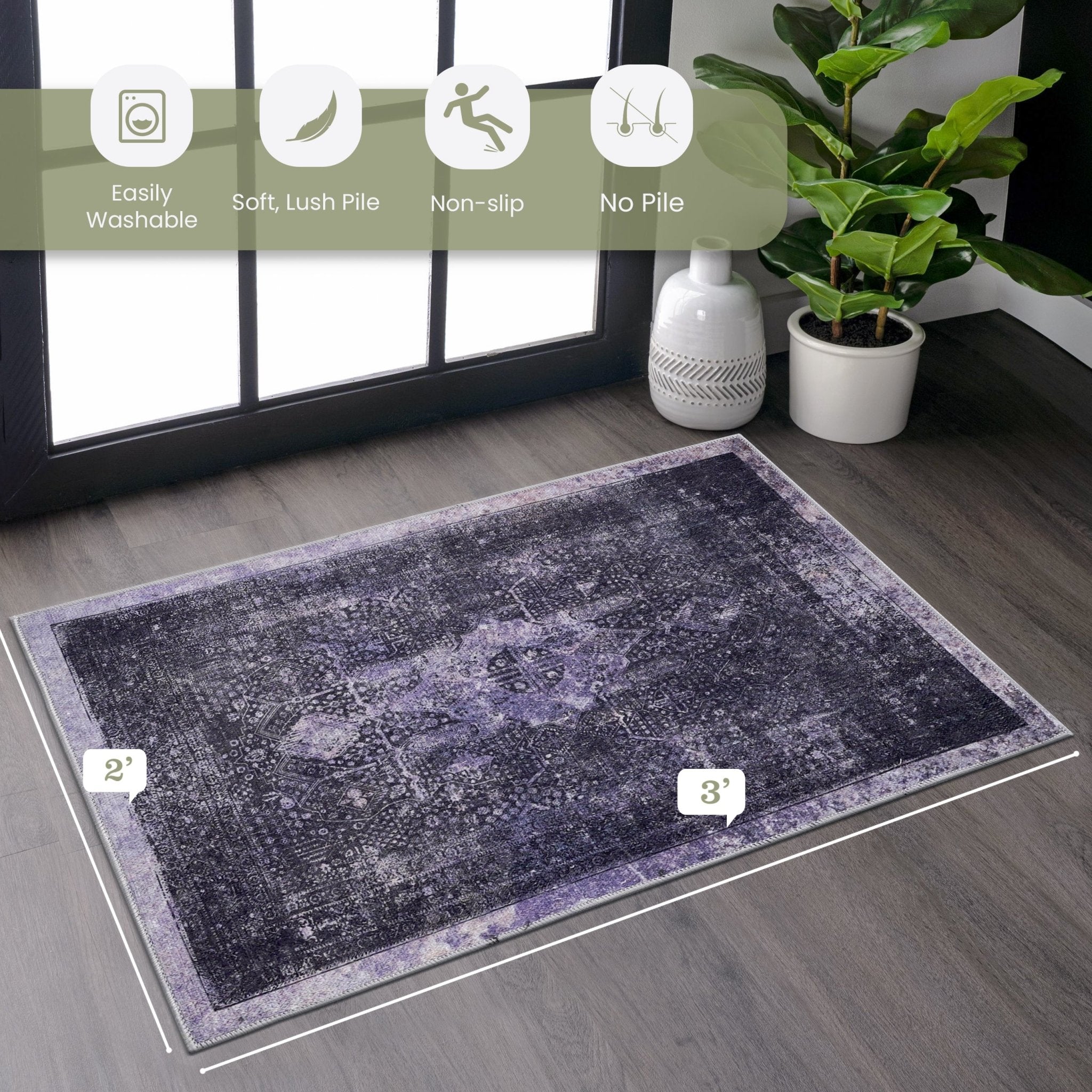 Bovi 2' x 3' Anthracite/ Machine Washable Low-Pile, Non-Slip, Non-Shedding, Foldable, Kid & Pet Friendly Area Rug - MidinMod