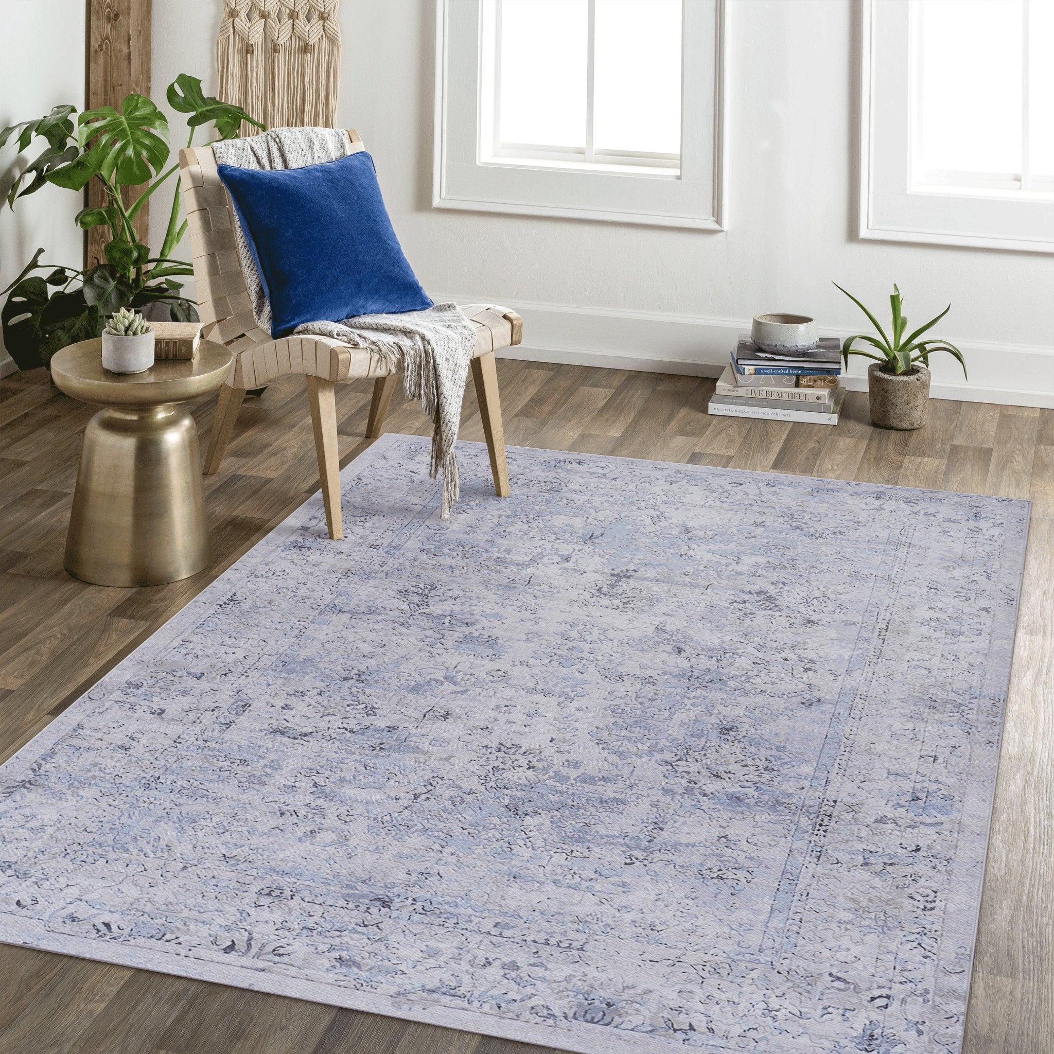 Colca 8' x 10' Blue/Cream Machine Washable Low-Pile, Non-Slip, Non-Shedding, Foldable, Kid & Pet Friendly Area Rug - MidinMod