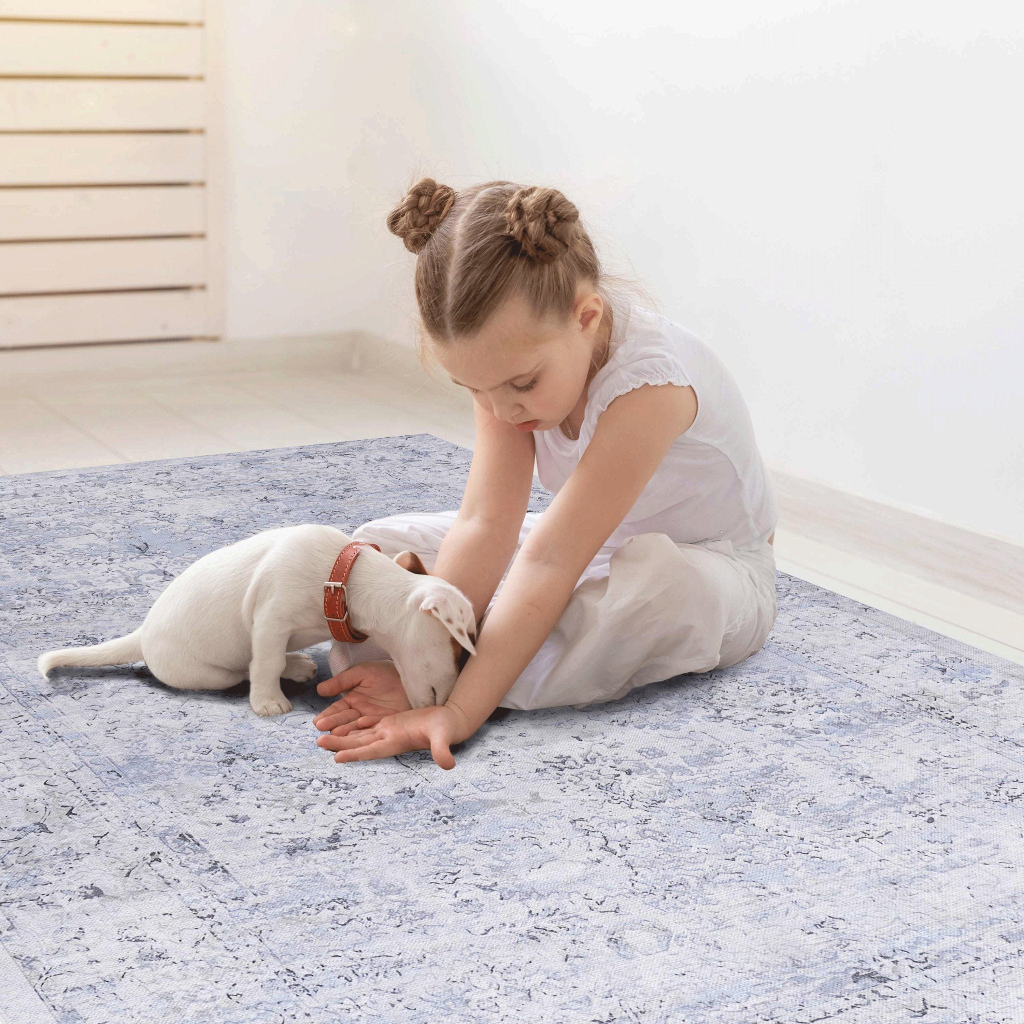 Colca 3' x 5' Blue/Cream Machine Washable Low-Pile, Non-Slip, Non-Shedding, Foldable, Kid & Pet Friendly Area Rug - MidinMod