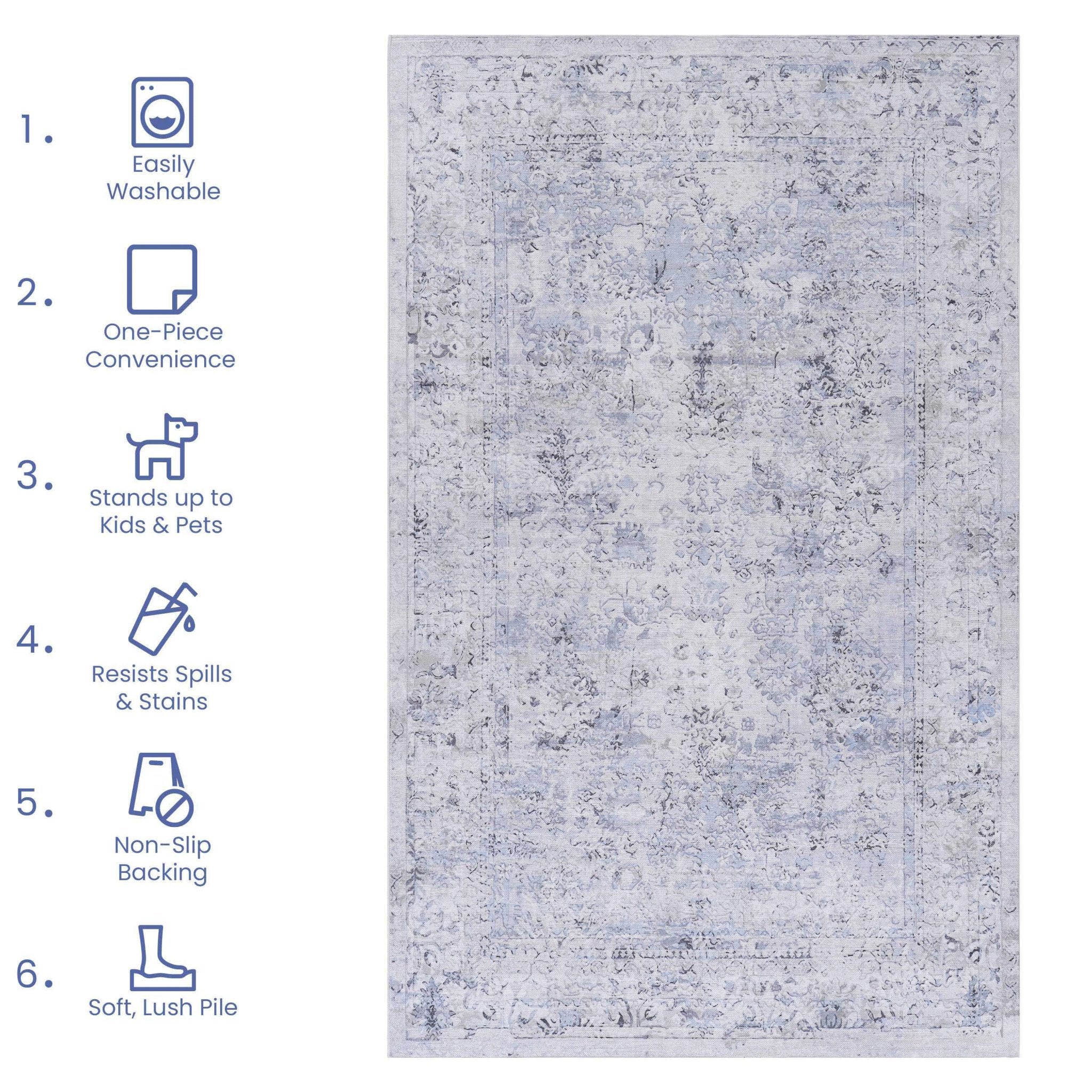 Colca 9' x 12' Blue/Cream Machine Washable Low-Pile, Non-Slip, Non-Shedding, Foldable, Kid & Pet Friendly Area Rug - MidinMod