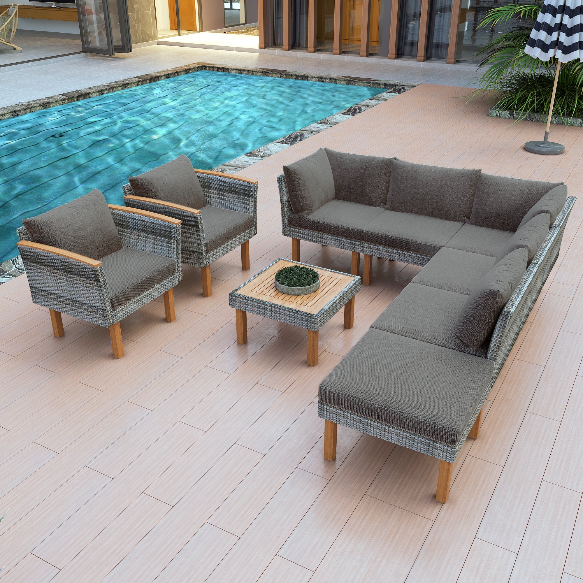 Outdoor Sectional Set Cushioned Seating - Gray