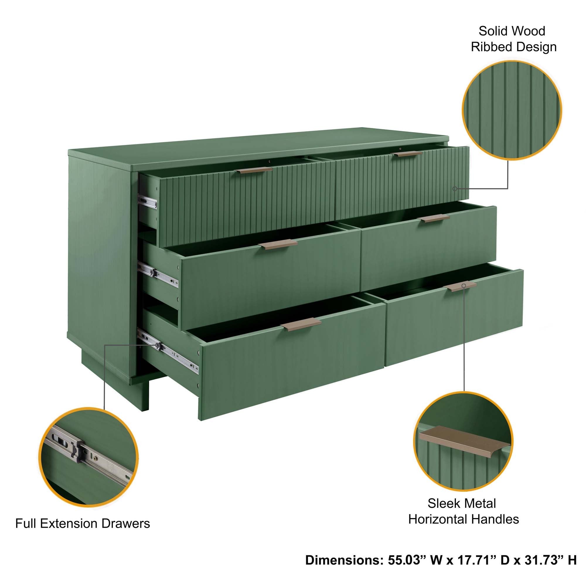 Granville 55.04" Modern Sage Green Solid Wood Double Wide Dresser | MidinMod