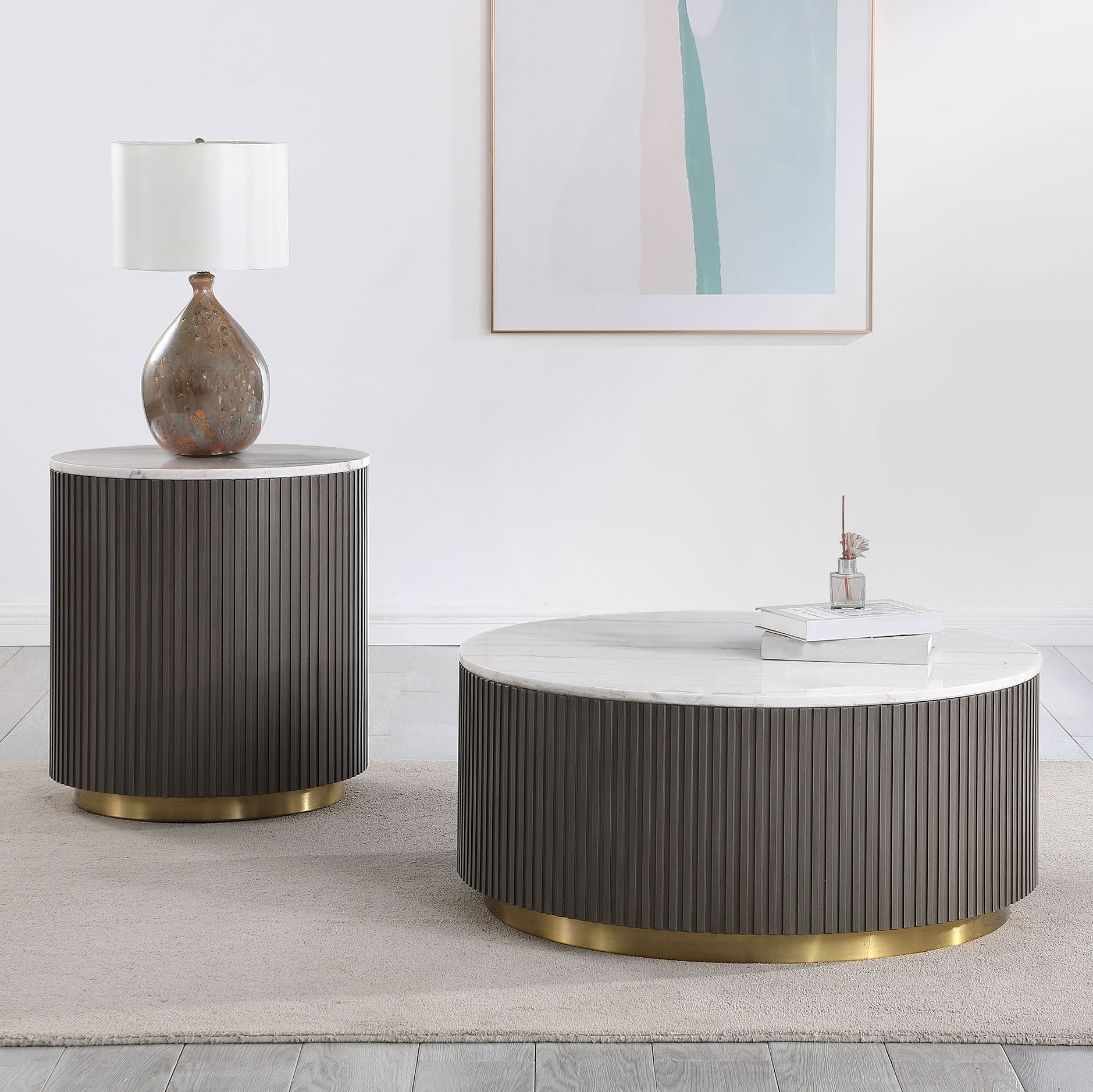 Jason Round Marble Top Coffee Table White and Charcoal