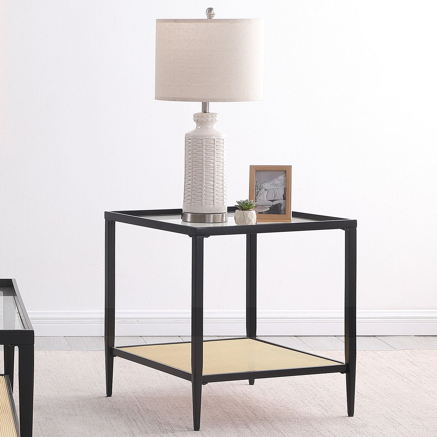 Amherst Glass Top Metal with Cane Shelf End Table Black
