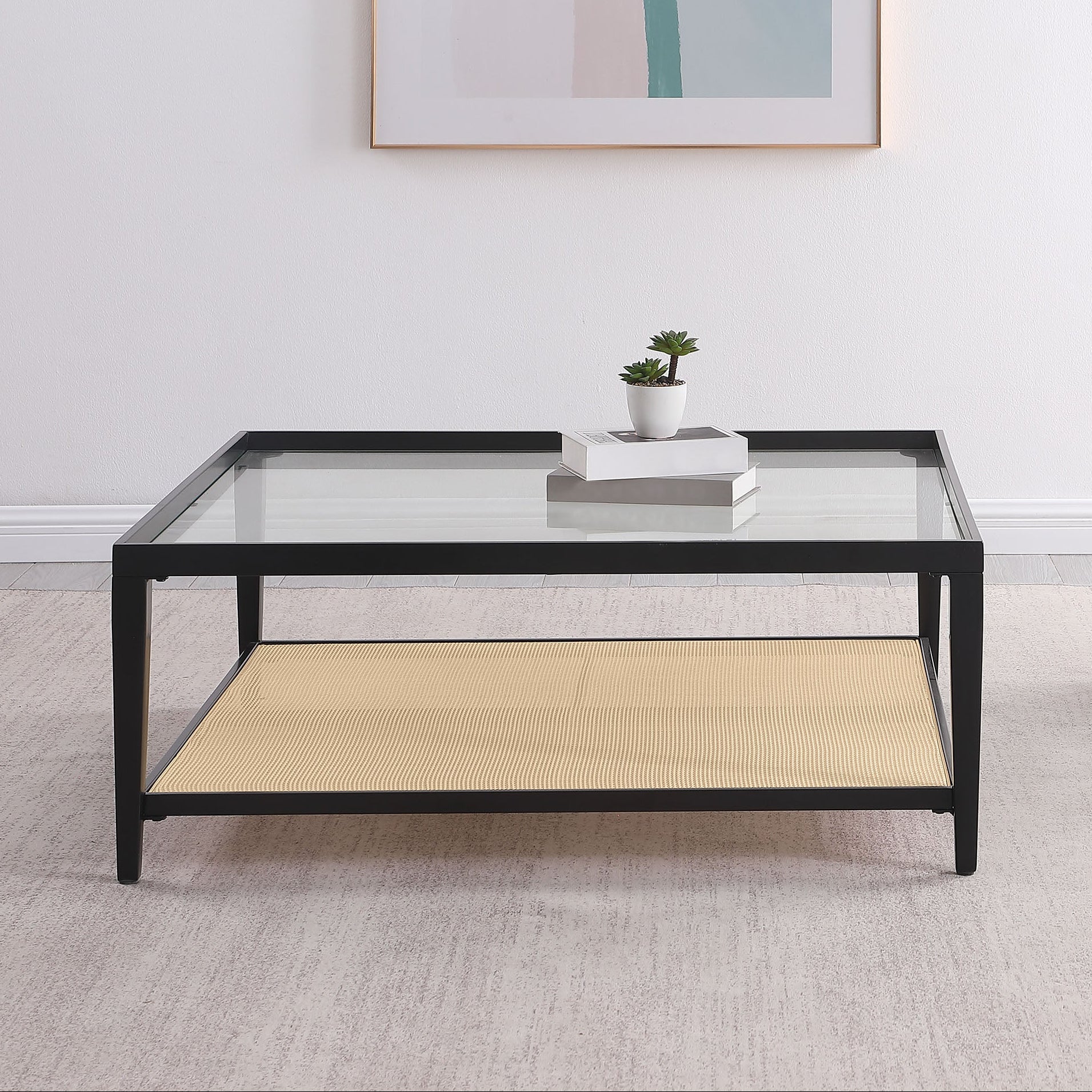 Amherst Glass Top Metal with Cane Shelf Coffee Table Black