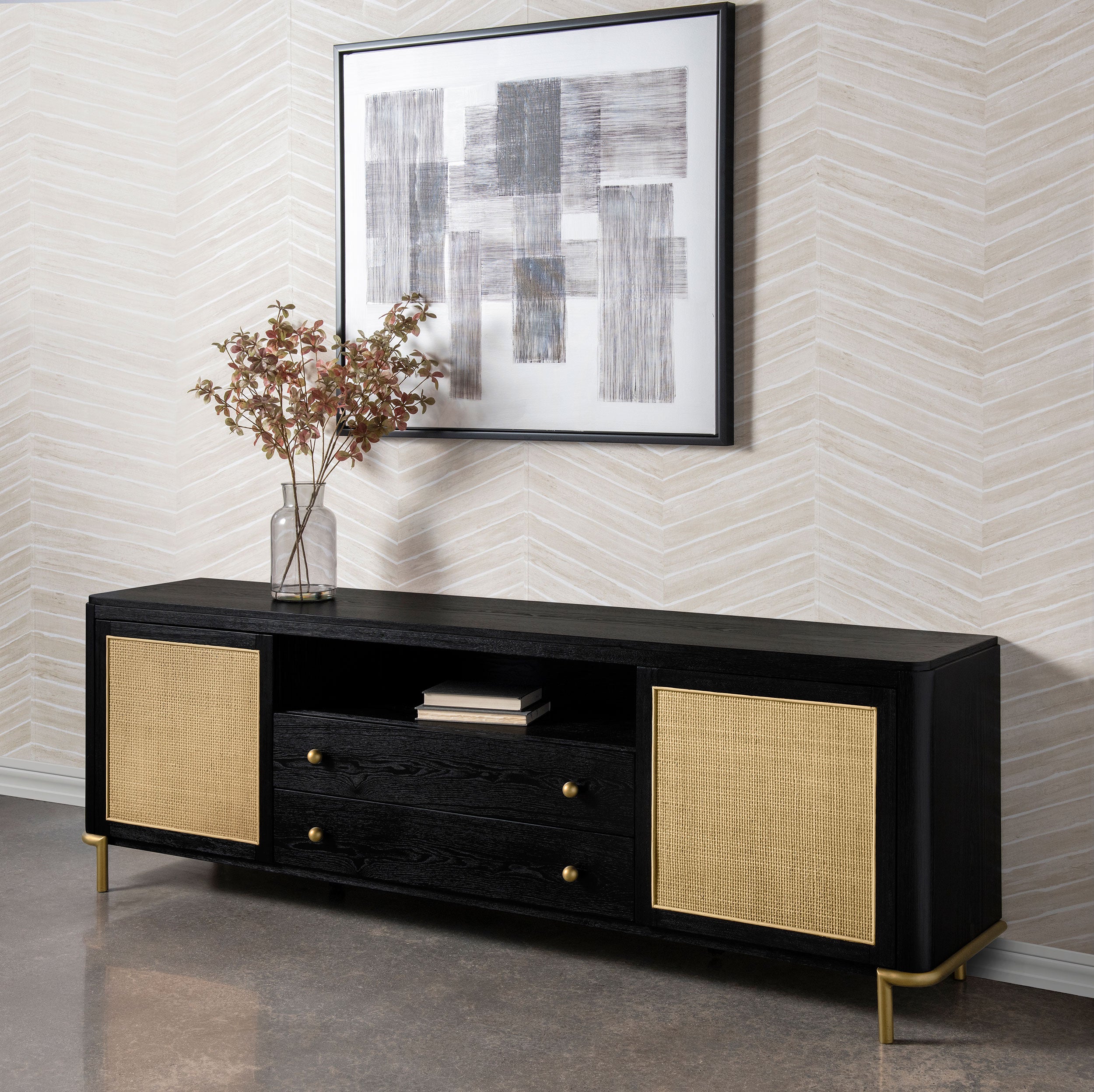 Black Cane & Chabine dorée Arini Rattan Cane 2-door TV Stand Media Console Black | MidinMod
