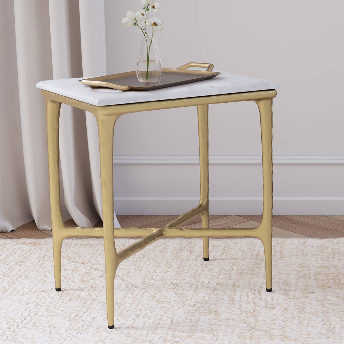 Baldwin Rectangular Marble Top Side Table White and Gold