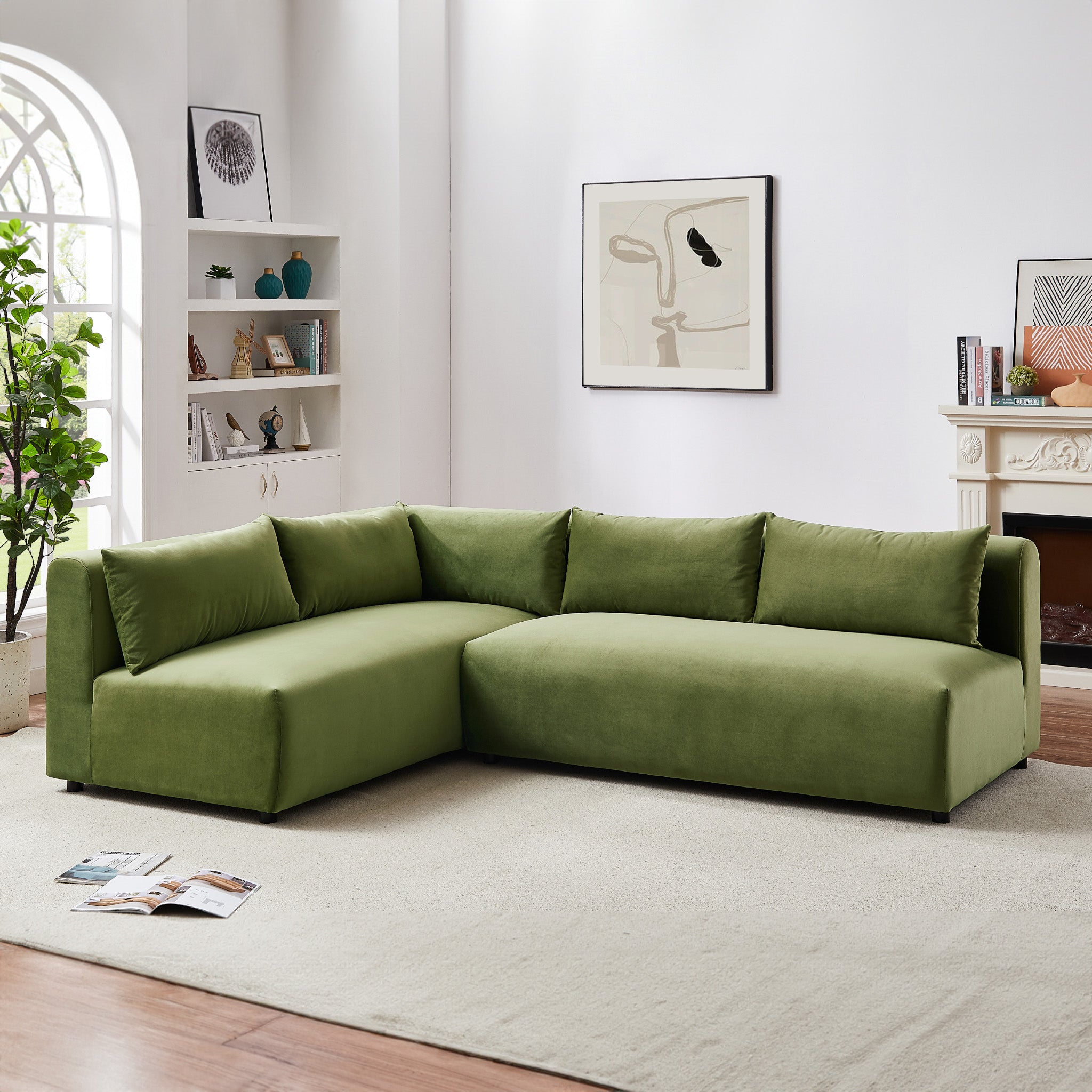 Albany Olive Green Velvet Modular Corner Sectional Modern Sofa - MidinMod