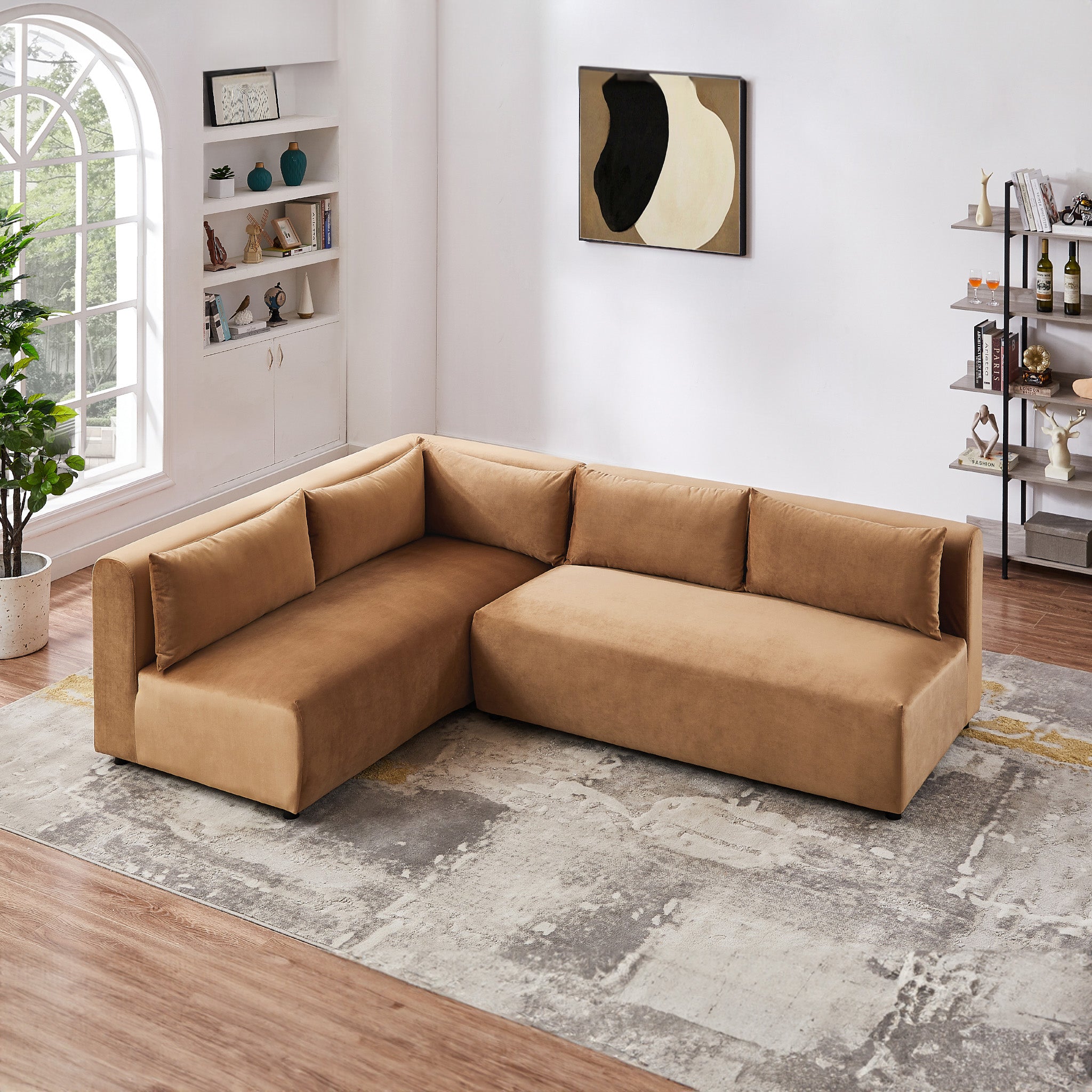 Albany Cognac Velvet Modular Corner Sofa - MidinMod