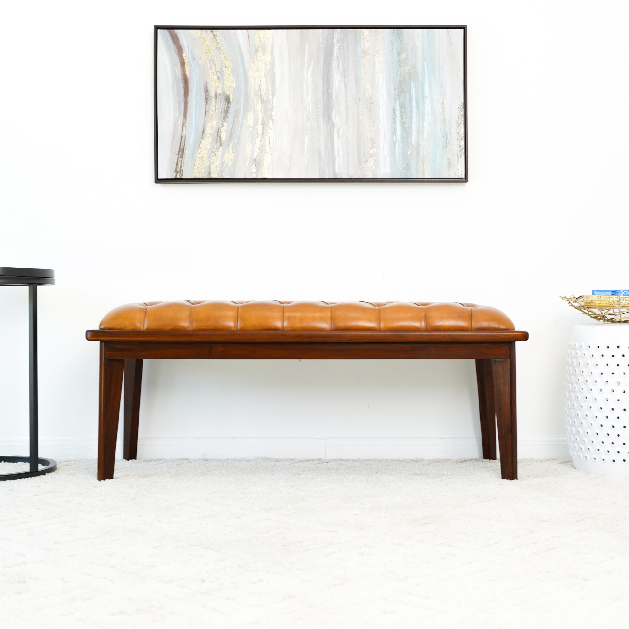 Arlington Tan Leather Bench w/Buttons - MidinMod