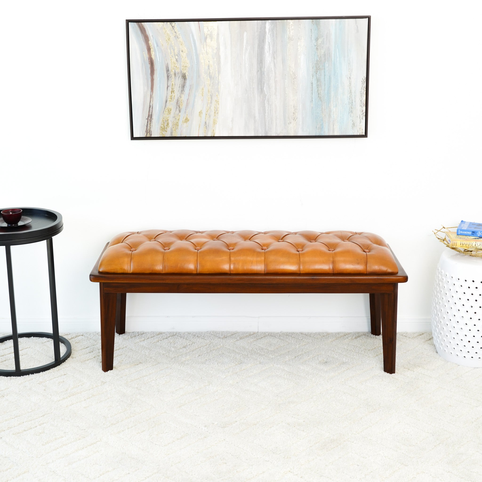 Arlington Tan Leather Bench w/Buttons - MidinMod