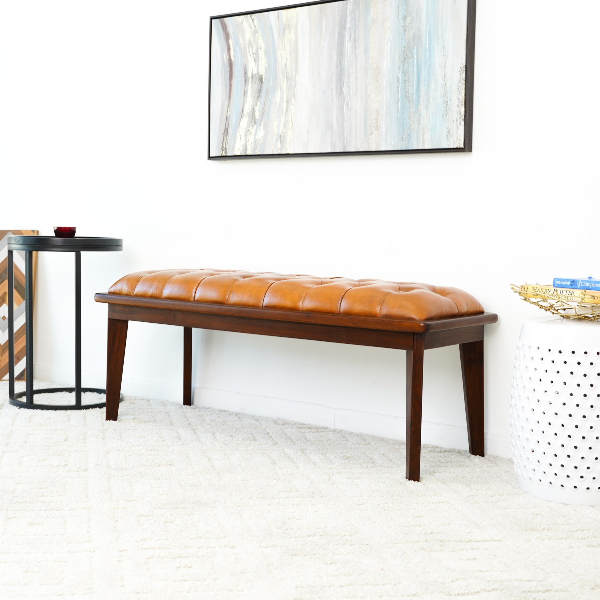 Arlington Tan Leather Bench w/Buttons - MidinMod