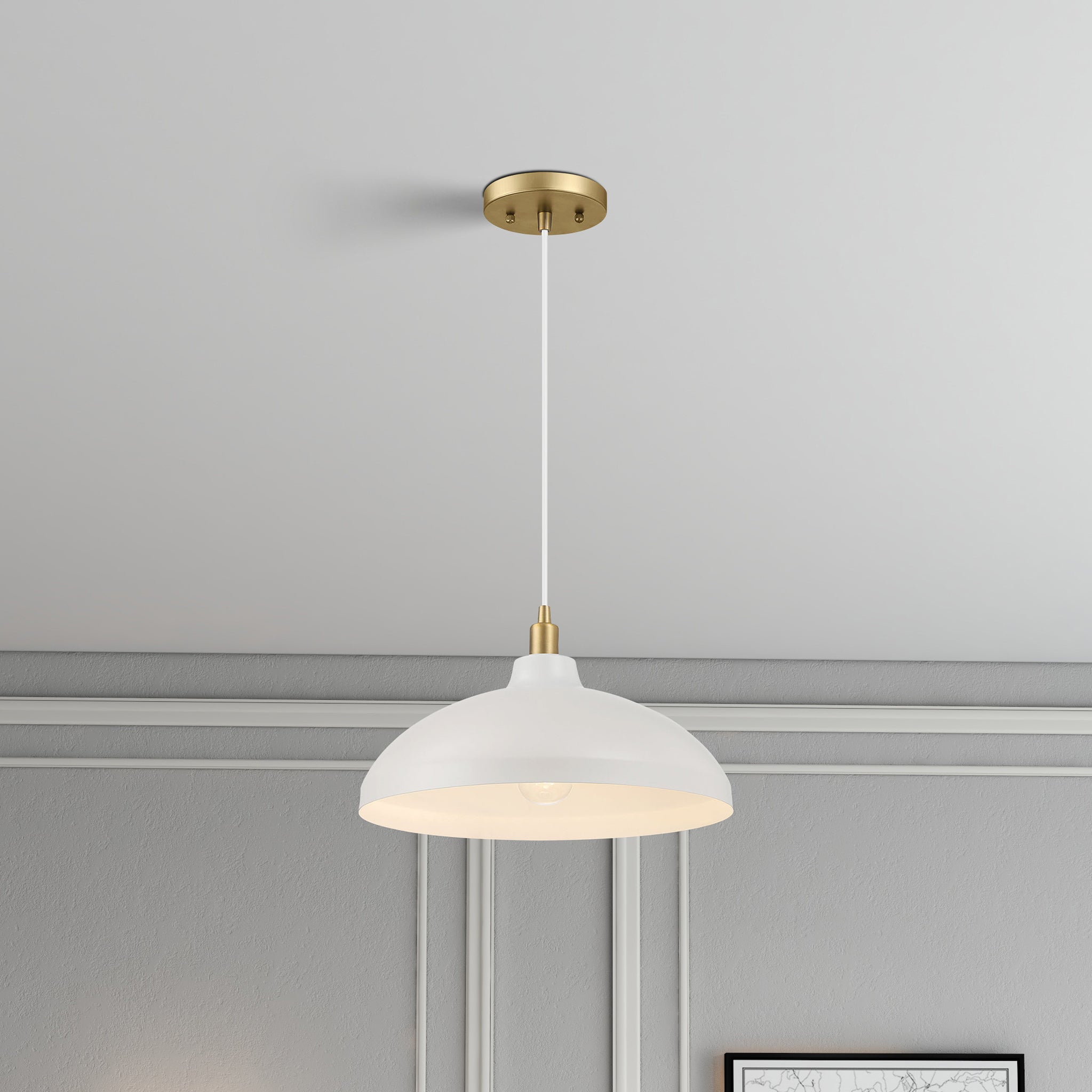 Astral Single Light White Pendant Lamp with Golder Brass Finish for Entrance Kitchen Island 14"D × 8"H