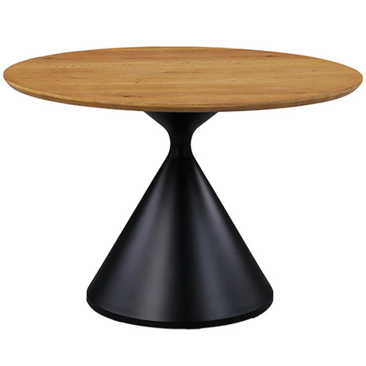 Athan Black and Oak Round Dining Table | Contemporary Metal Pedestal Dining Table | MidinMod