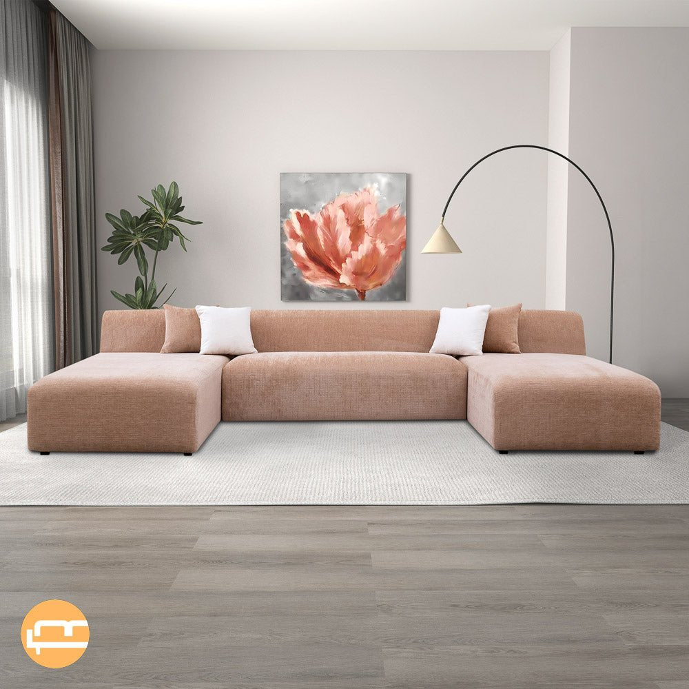 Aura U-Shape Peach Chenille Corner Sofa - MidinMod