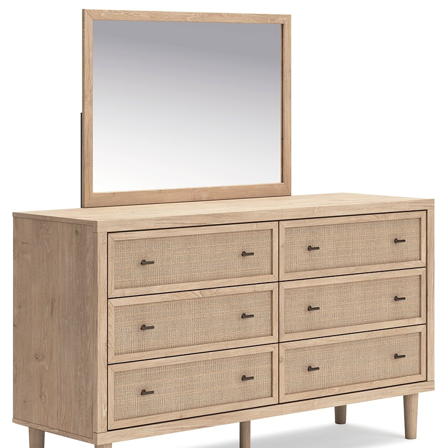 Cielden Full Upholstered Panel Bed with Mirrored Dresser and Nightstand