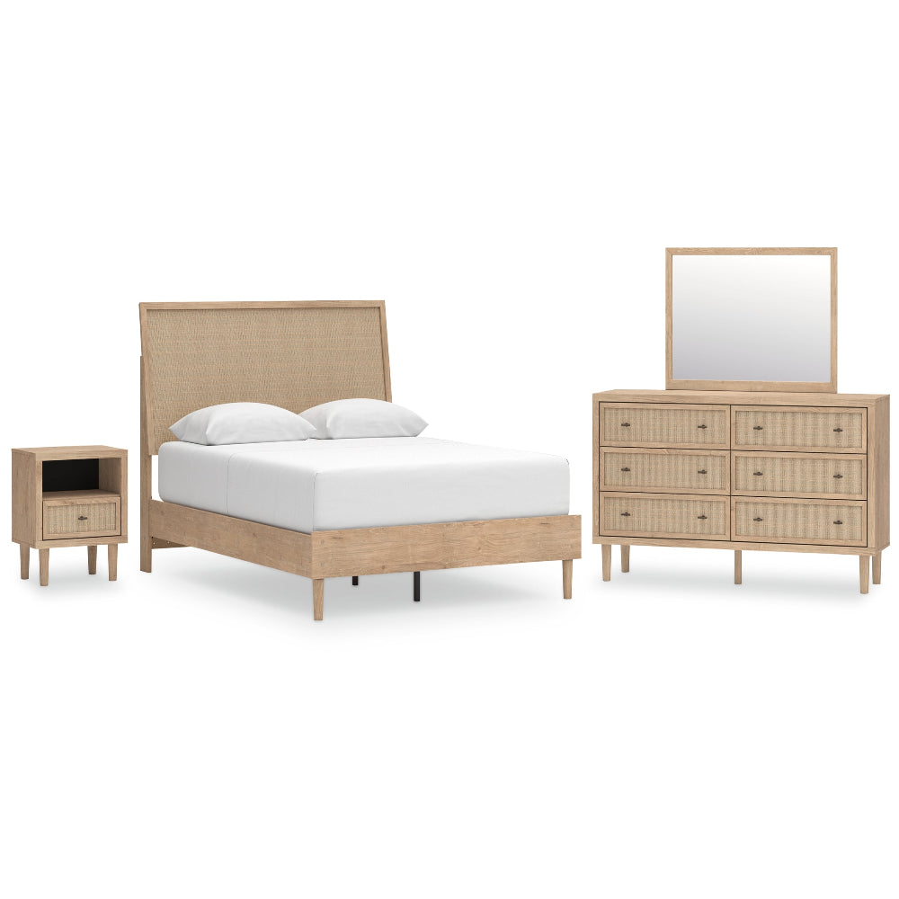 Cielden Queen Panel Bed with Mirrored Dresser and Nightstand
