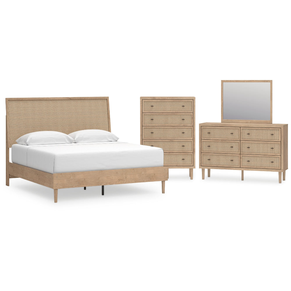Cielden King Panel Bed with Mirrored Dresser and Chest