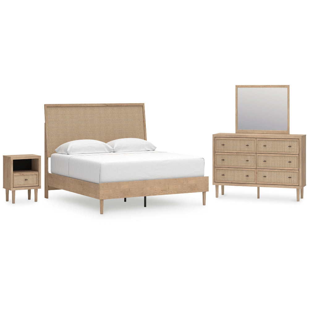 Cielden King Panel Bed with Mirrored Dresser and Nightstand