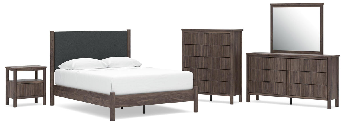 Cadmori Queen Upholstered Panel Platform Bed, Dresser, Mirror, Chest and Nightstand