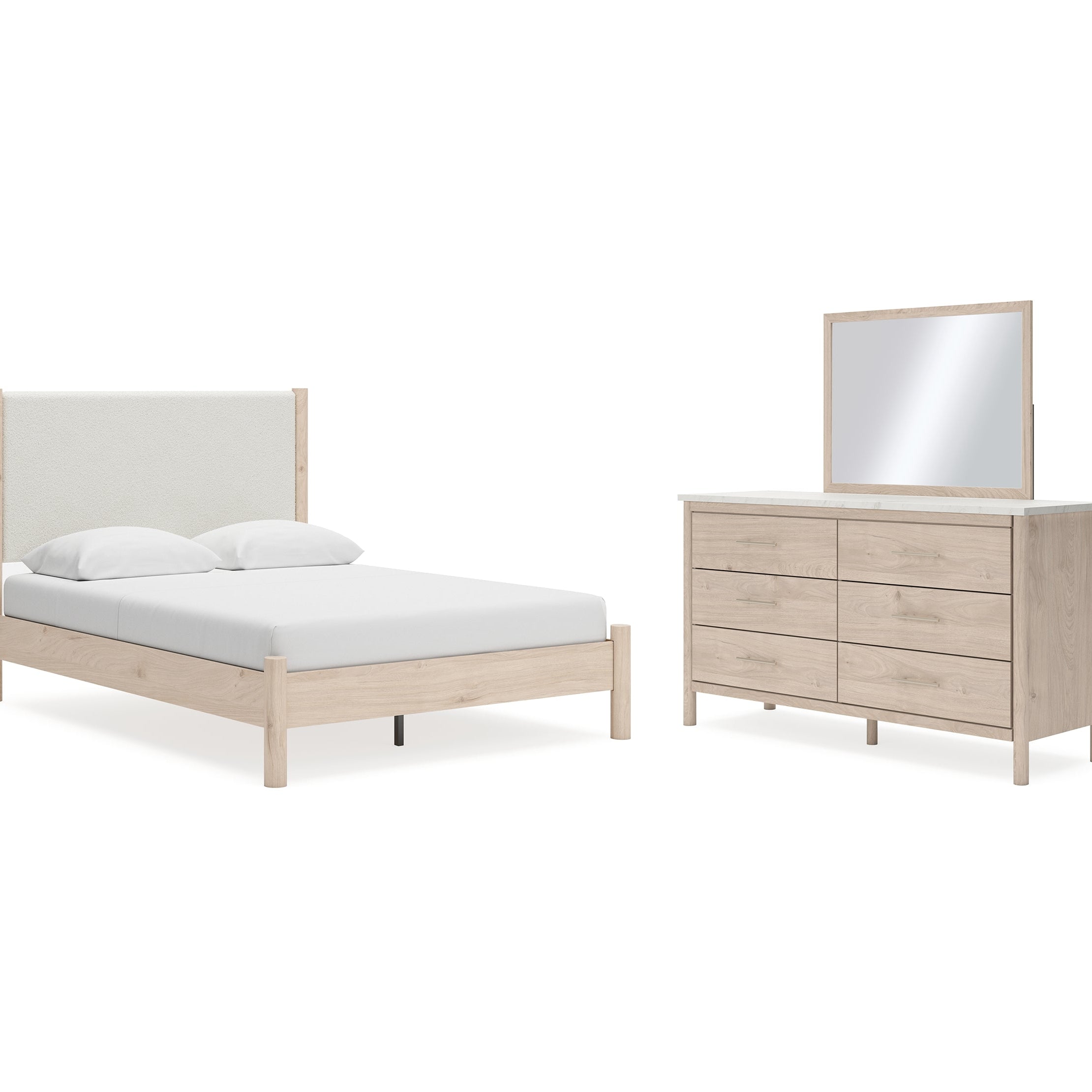 Cadmori Queen Upholstered Panel Bed with Mirrored Dresser