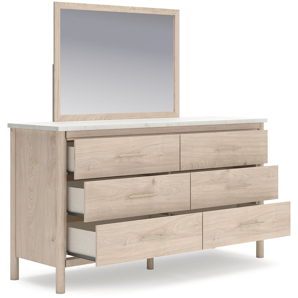Cadmori Queen Upholstered Panel Bed with Mirrored Dresser