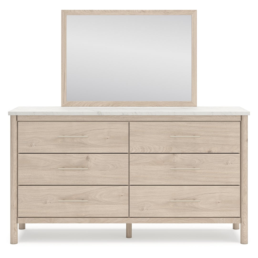 Cadmori Queen Upholstered Panel Bed with Mirrored Dresser