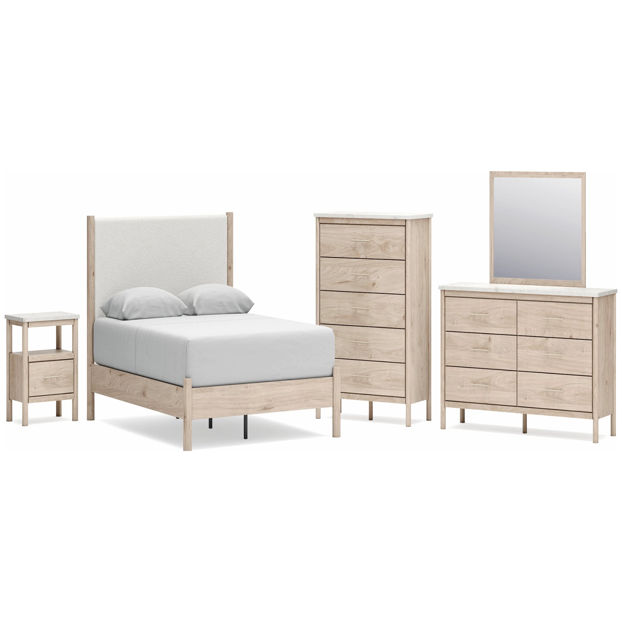 Cadmori Queen Upholstered Panel Bed with Mirrored Dresser, Chest and Nightstand