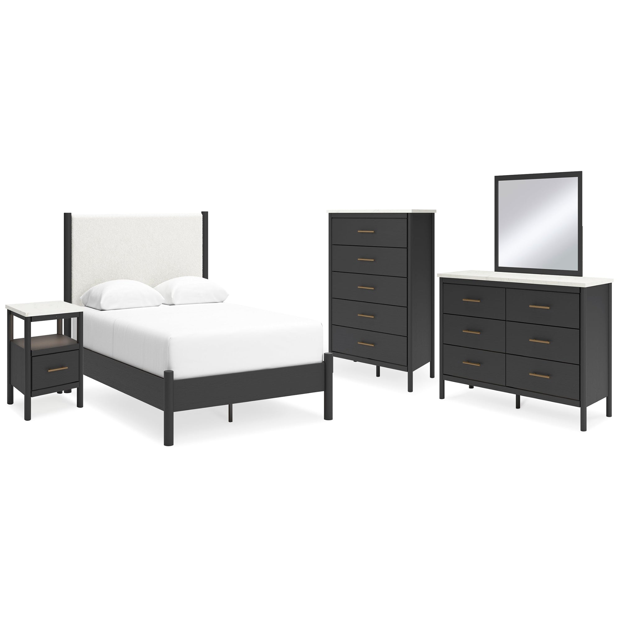 Cadmori Queen Upholstered Panel Bed, Dresser, Mirror, Chest and Nightstand