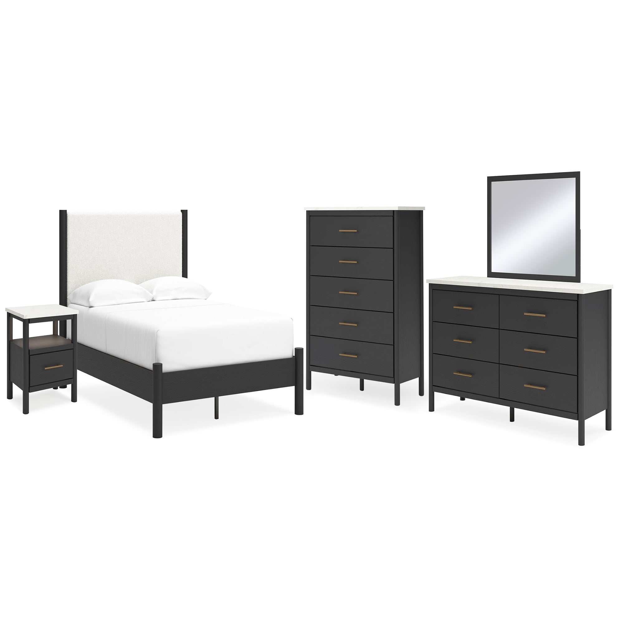 Cadmori Full Upholstered Panel Bed, Dresser, Mirror, Chest and Nightstand