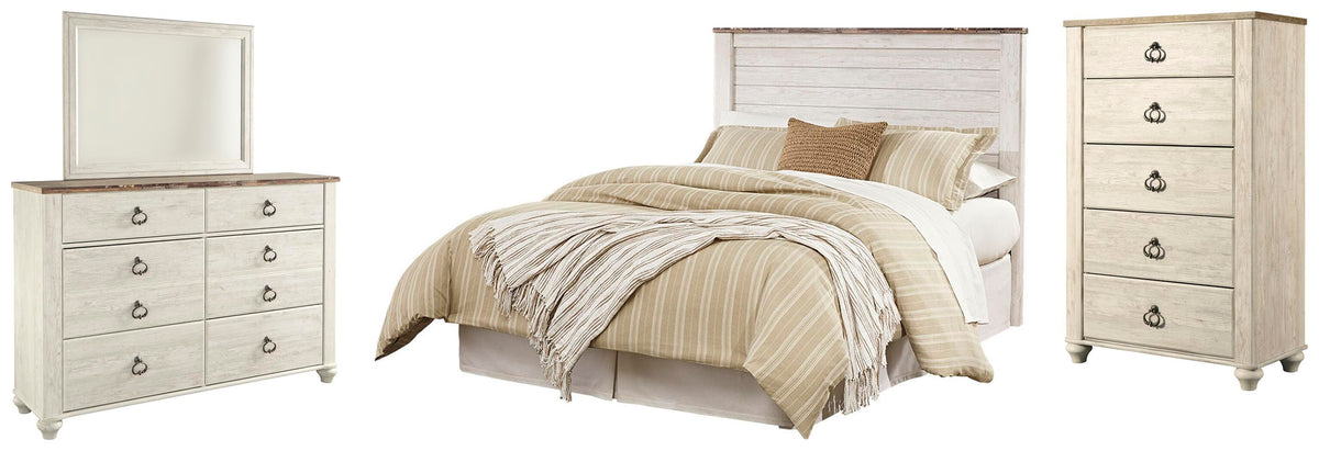 Willowton Queen/Full Panel Headboard Bed with Mirrored Dresser and Chest