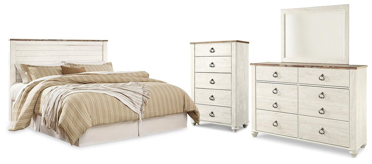 Willowton King/California King Panel Headboard Bed with Mirrored Dresser and Chest
