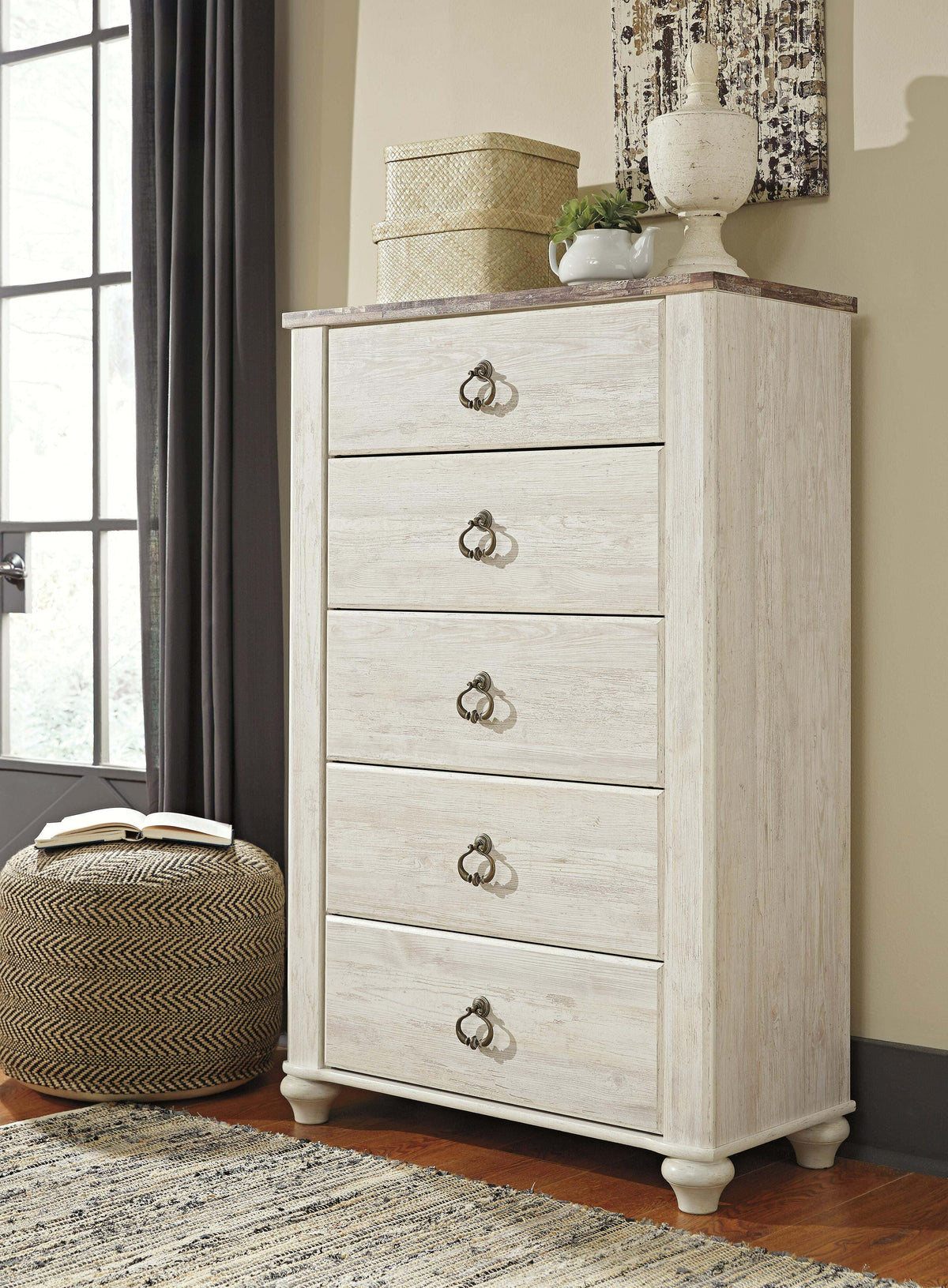 Willowton King/California King Panel Headboard Bed with Mirrored Dresser and Chest