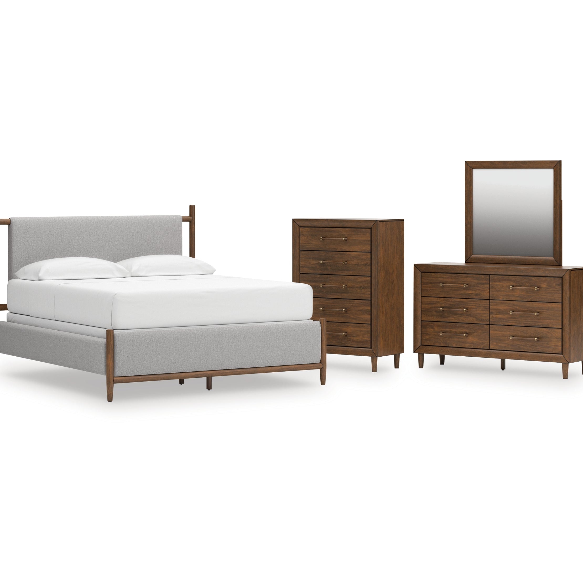 Lyncott California King Upholstered Bed, Dresser, Mirror and Chest