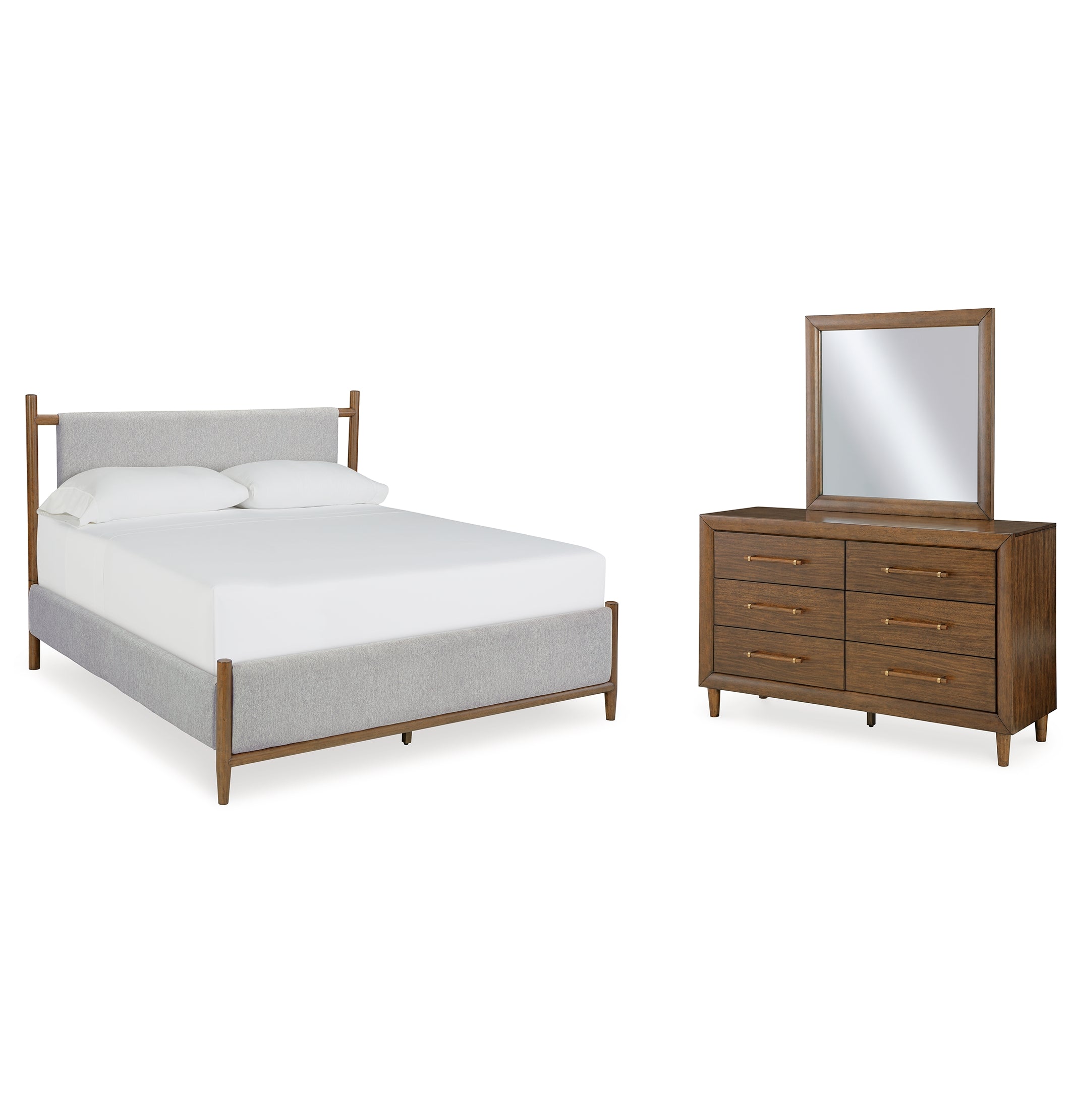 Lyncott California King Upholstered Bed with Mirrored Dresser
