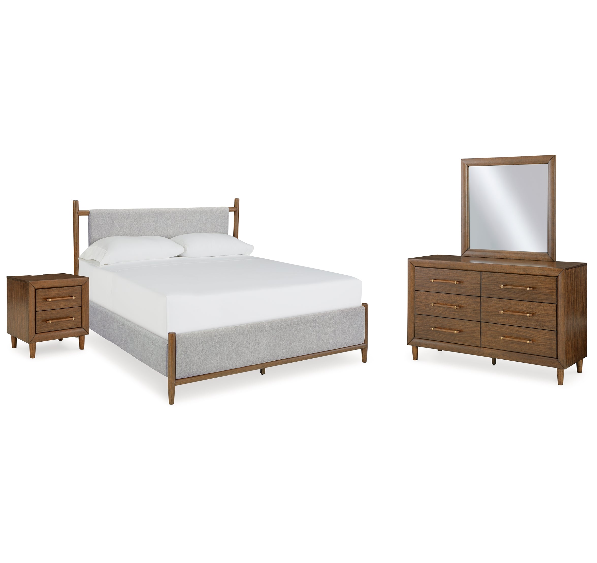 Lyncott King Upholstered Bed with Mirrored Dresser and Nightstand