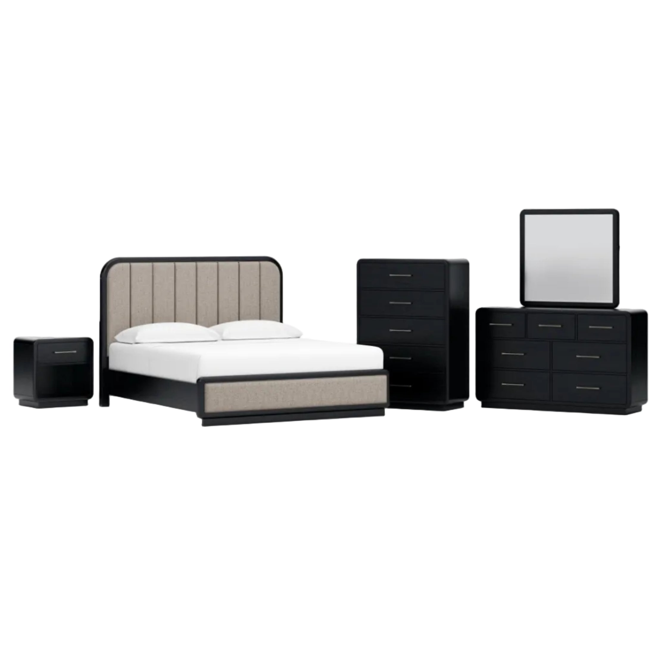 Rowanbeck King Upholstered Panel Bed, Dresser, Mirror, Chest and Nightstand