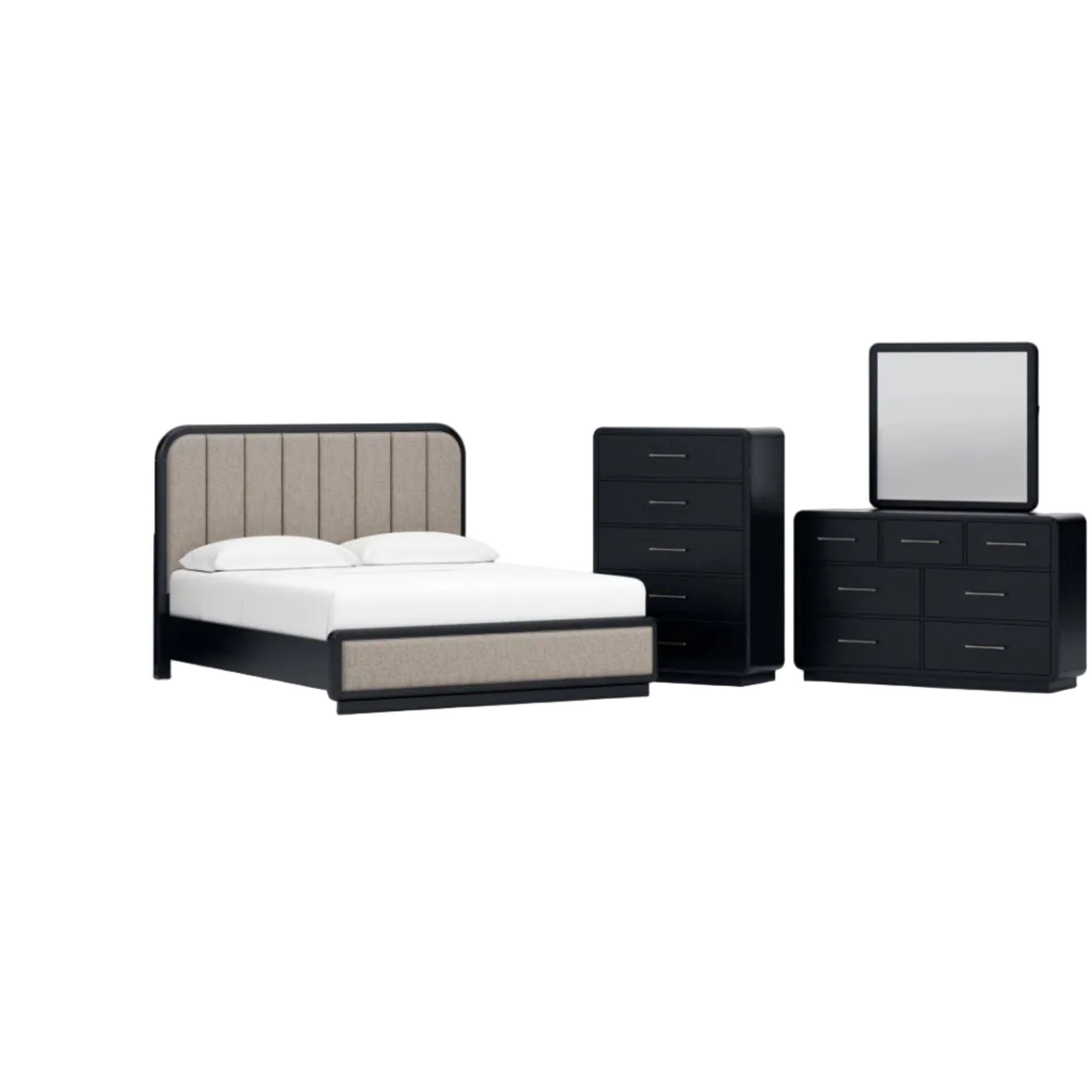 Rowanbeck California King Upholstered Panel Bed, Dresser, Mirror, Chest and Nightstand