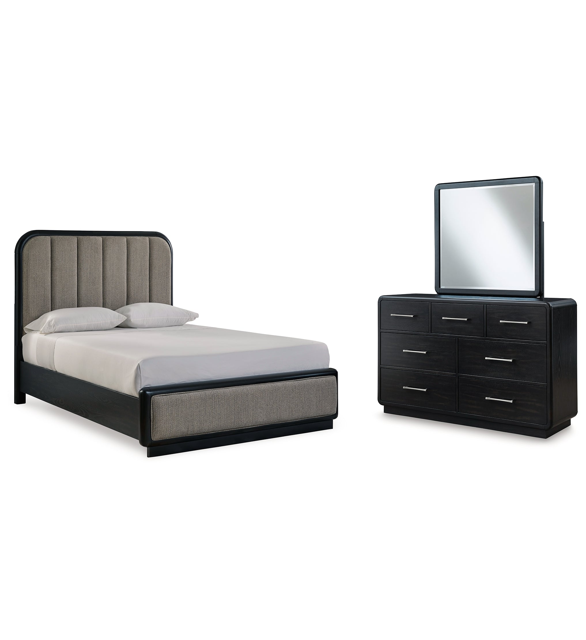 Rowanbeck Queen Upholstered Panel Bed with Mirrored Dresser